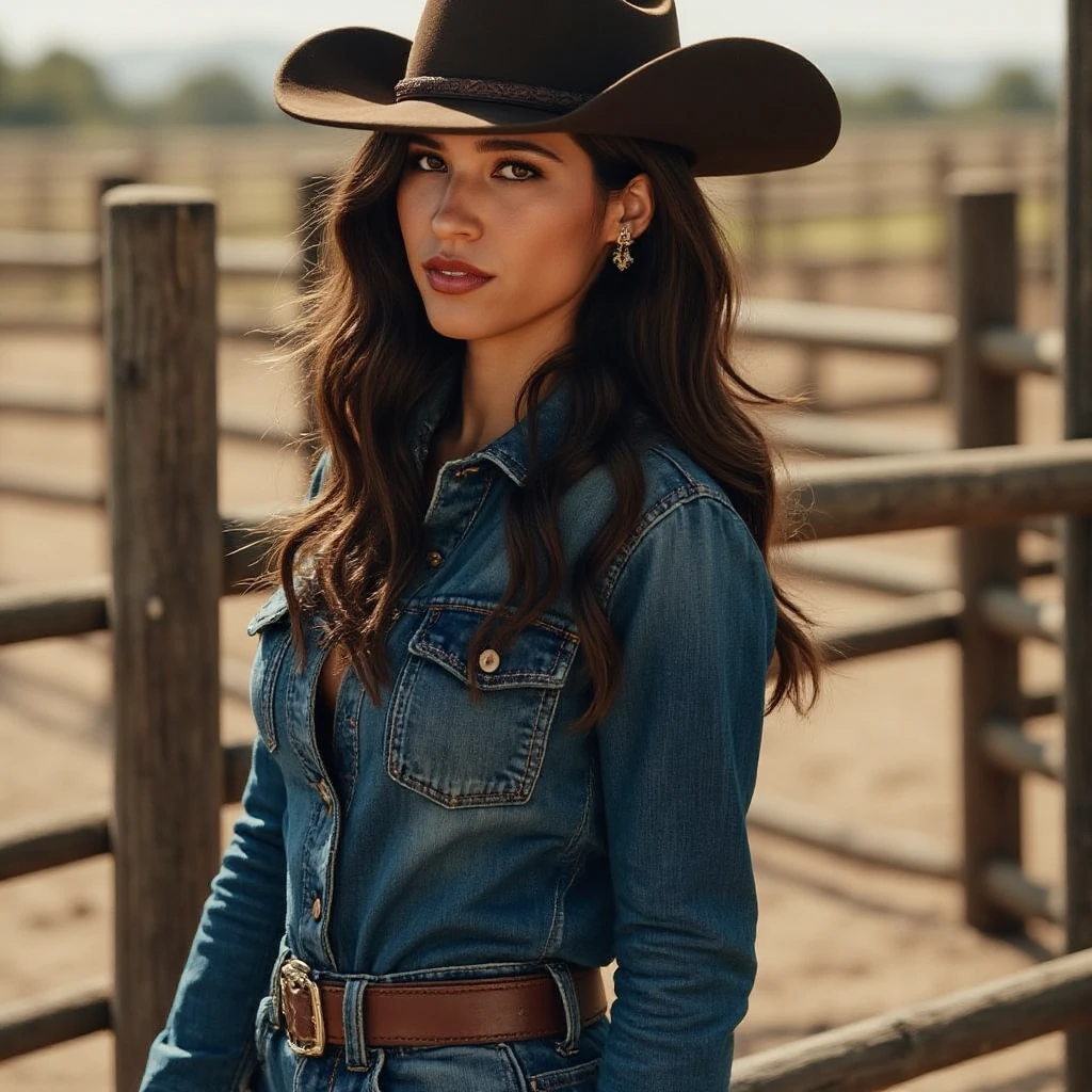 "Striking and ultra-realistic photo, a young woman with dark hair, freckles, and blue eyes, wearing an authentic cowboy outfit, () cleavage, (riding a horse). Her outfit includes a hat fashionable cowboy, frayed vest, denim vest and boots, western landscape or worn rural buildings in the background (very detailed:1.1),(from top:1.5 ").