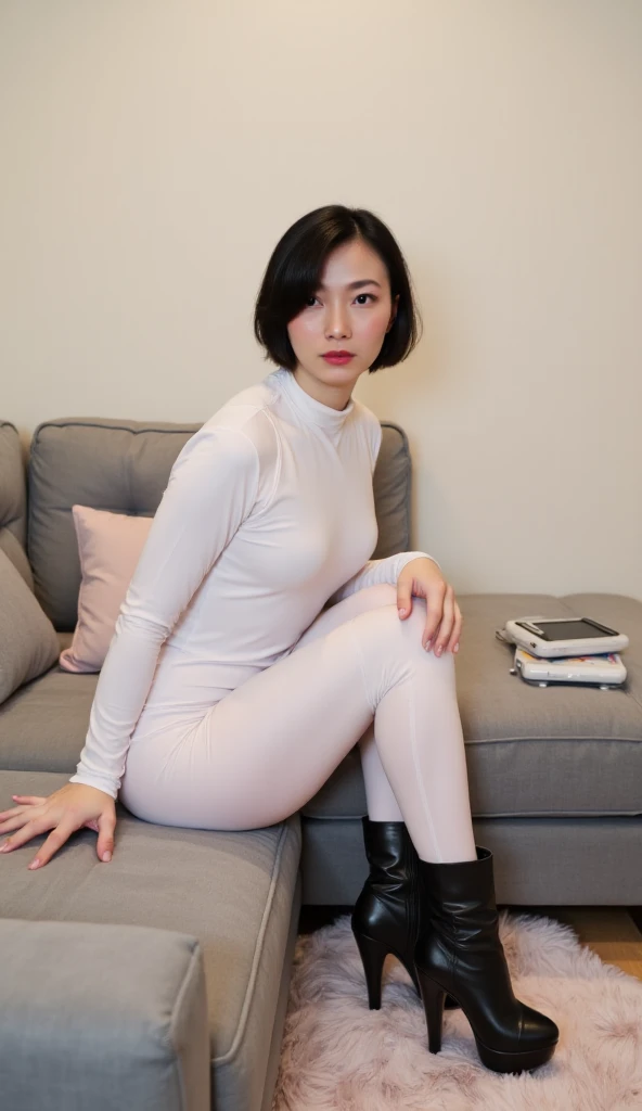 photorealistic 32k intricate view of an Asian female, pixie haircut, on the couch using laptop, sweater dress, tights