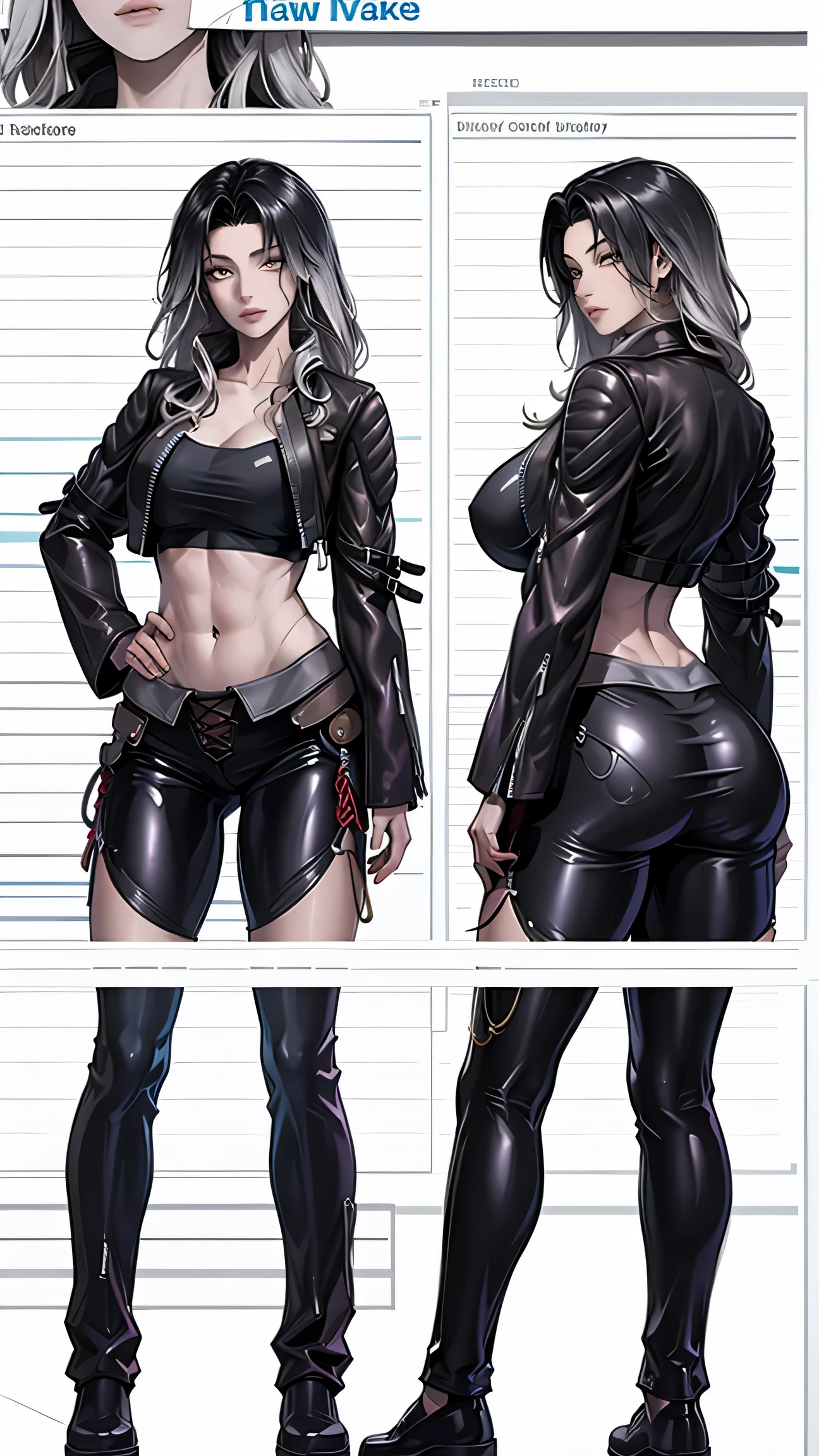 (masterpiece), best quality, HD, 4K, perfect face, black hair, smile at viewer, yellow eyes, hetero, torned dirt leather Jacket, hairband, black long hime hair, hime cut, arrogant stare, collarbone, prostitution, muscular slim, ABS collarbone, dirty booty, face, (botox lips), shopping, tall, slender brunette, fashionable tight leather pants, milf adult, a corresponding leather jacket unzips her leather jacket, revealing her cotton sports bra and bare stomach underneath, buying groceries, angell, she wear the jacket to reveal her bare stomach, ((very aesthetic, newest, highres, multiple views sheet, concept art, reference sheet, character profile, character chart, multiple views, multiple expressions, turnaround, reference sheet, concept art, multiple views, zoom layer, big breasts,)), ((mall supermarket background)), (smug smile)