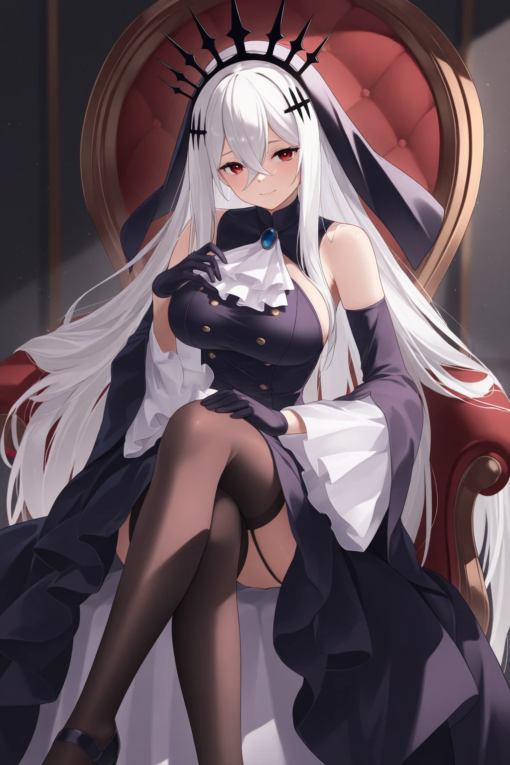 score_9, score_8_up, score_7_up, 1girl, solo, long hair, grey hair, blue eyes, very long hair, ponytail, black ribbon, hair ribbon, french braid, short dress, detached sleeves, cleavage, clothing cutout, detached collar, pelvic curtain, black boots, thigh-boots, sitting on throne, crossed legs, head resting on hand, inexpressive face, looking at you, inside a medival palace