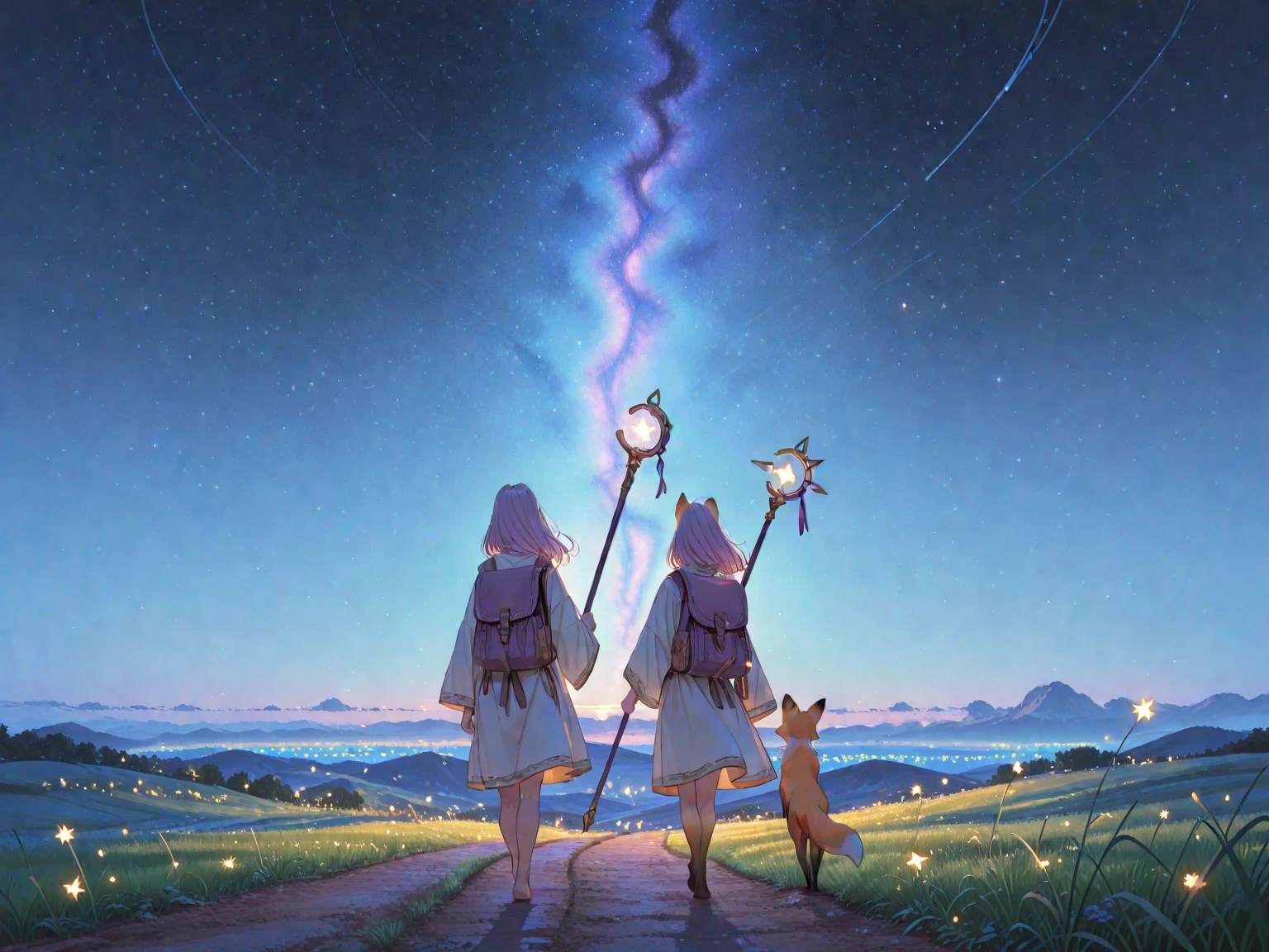 Some strange gnomes with feline appearance and feminine clothing jumping and playing in a landscape of black volcanic stone and cacti with pink flowers, under a starry sky and with northern lights in the style of Rosaleen Norton
