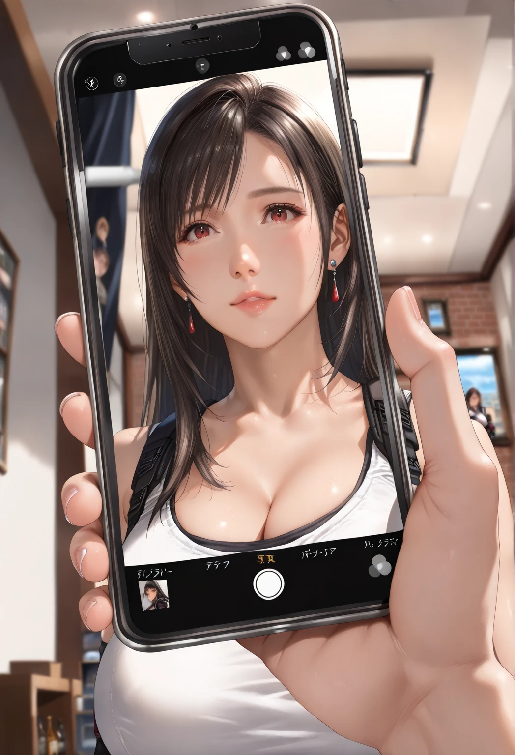 ((Best quality, 8k, Masterpiece :1.3)), Sharp focus :1.2, A pretty woman with perfect figure, Slender abs, ((Dark brown hair, Big breasts :1.2)), (naked, selfie), ((couch, living room)), Highly detailed face and skin texture, Detailed eyes, Double eyelid, smile, close up,