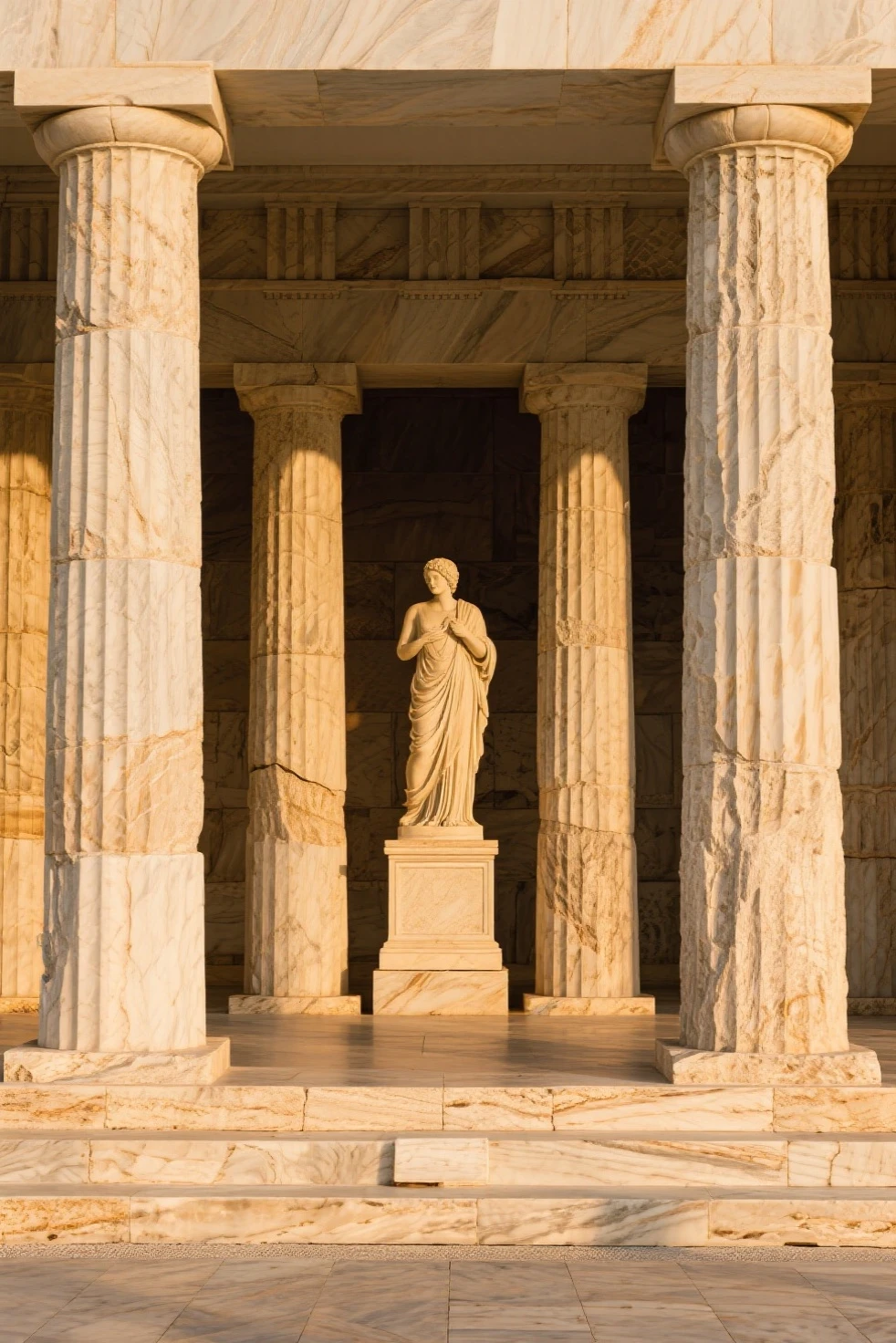 Imagine a statue of Marcus Aurelius, situated in a square. The statue depicts Marcus Aurelius with a muscular body, sculpted with great detail to highlight strength and determination. He stands in a dignified pose, with one hand raised, symbolizing leadership and wisdom.The marble or stone of the statue is ancient, with visible signs of wear and some cracks that attest to its age. The surrounding square is paved with stones and is bordered by classical Greek architectural elements, such as columns and small gardens.The background of the image is a blackground, intensifying the contrast with the illuminated statue. The darkness around the square creates a dramatic atmosphere, further emphasizing the imposing figure of Marcus Aurelius. Small beams of light may pierce through the darkness, illuminating specific parts of the statue and the square, giving a sense of reverence and timelessness.