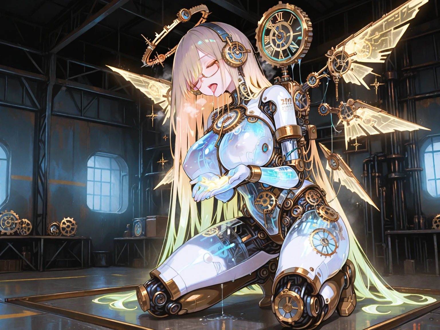 (((Masterpiece)))), (((highest quality)))), ((Ultra Definition)), (High Definition CG Illustration), (Very delicate and beautiful)), (from the front), Cinematic Light, (((1 Mechanical Girl)), Solo, Whole Body, (Mechanical Joint: 1.2), (Mechanical limb)), (Blood vessel connected to tube), (Mechanical spine attached to the back), (Mechanical cervical spine attached to the neck)), (Sitting), ( Wires and cables attached to the neck: 1.2), (Head wires and cables: 1.2), (character focused), science fiction, highly detailed, colorful, most detailed, smooth flesh, slightly larger breasts, slightly larger ass, (crying)), (((angel wings))