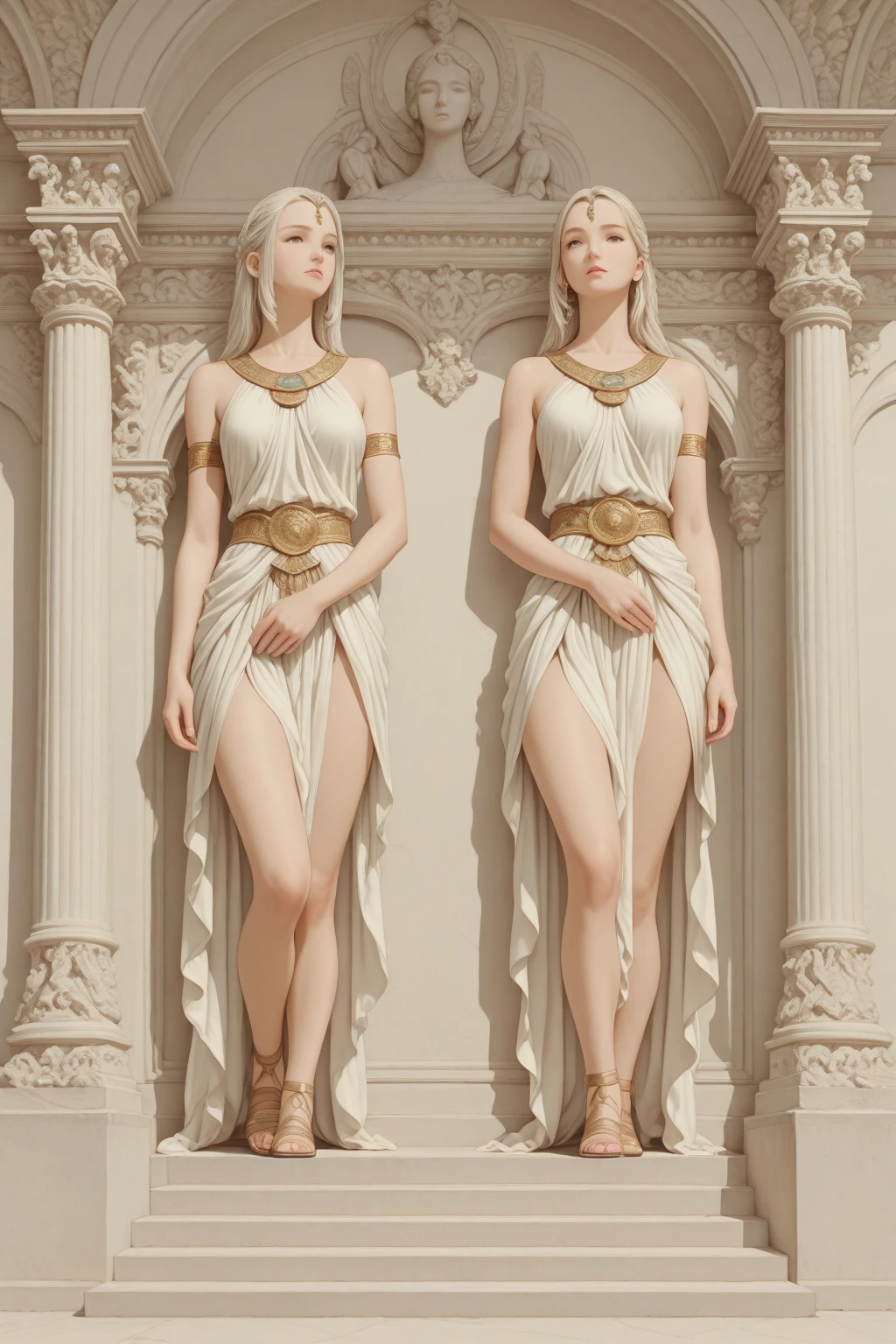 Photorealistic production, (Realistic image of a beautiful ancient Roman woman (morena baccarin:Alyssa Sutherland:0.5)), (athletic bodies:1.4), (Detailed skin:1.2), (Wearing a plunging white embellished kebaya dress、Comes with silk cloth and golden jewels。:1.6), (sly face), (Deep cleavage), (Various poses:1.6), Centered, from the front side, Intricately detailed, intricate face details, Intricate hand details, Cinematic Shots and Lighting, Realistic colors, masutepiece, Sharp Focus, ultra-detailliert, Shooting with a DSLR camera, realistic photo shot, depth of fields, Incredibly realistic environments and scenes, Master composition and shooting