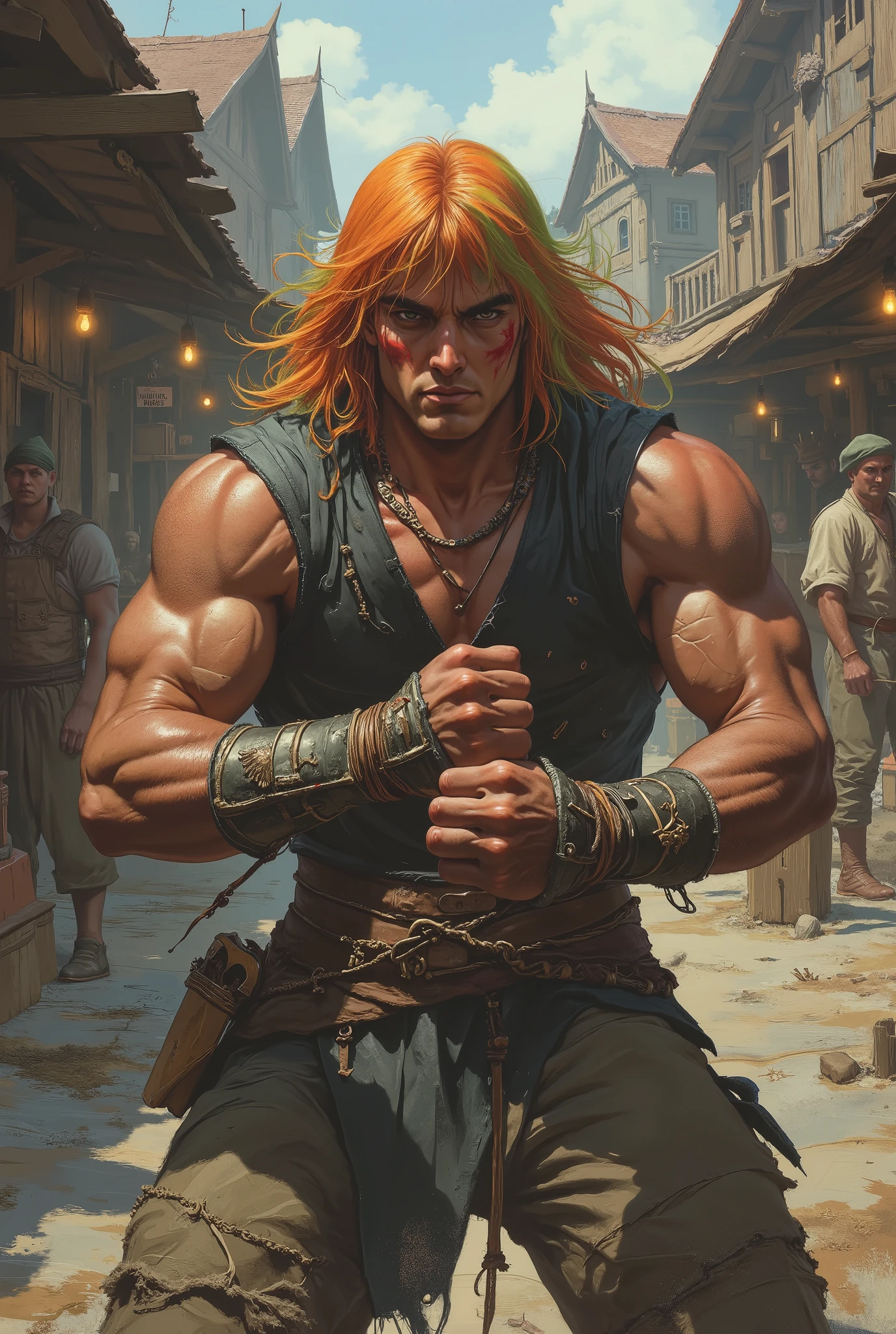 An epic cinematic photo, style of a gritty Art Nouveau and high-realism fusion. A powerful young male fantasy street rogue, athletic build, coiled with tension in a combat-ready stance. Set in a bustling, grimy medieval market square. His face is mostly obscured by long, flowing, vibrant orange-green hair and heavy bangs, revealing only a fierce, determined gaze with smoldering intensity. A single, sharp red stripe is painted on his cheek. He wears a simple, dark, sleeveless vest, coarse fabric wrist guards, and rough trousers. Fists are clenched tightly in front of his chest, ready to strike. Dynamic, volumetric light filters through the crowded wooden market stalls, creating a dramatic chiaroscuro effect with deep, contrasting shadows. Masterpiece quality, award-winning digital painting, hyper-detailed, incredibly creative, 8K resolution, professional grade, flawless anatomy, perfect proportions, exceptionally detailed hands with five fingers each, raw and photorealistic quality.