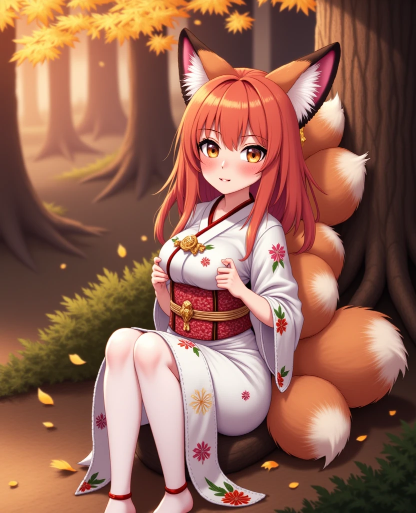 score_9, score_8_up, score_explicit, source_anime, hardcore, BREAK
1girl, fox girl, kitsune, young teen, long hair, low twintails
scared expression, open mouth, wavy mouth, tears, purple eyes, slit pupils, ginger fur, facial marks, small breasts, extreme detailed skin, two long fluffy fox tail,
short pink yukata with flower pattern, red belt, small white socks, black sandals, detailed clothing texture,
masterpiece, standing, looking at own breasts, measuring own breasts, forest background, detailed background, noon, autumn, face closeup