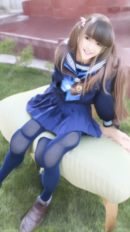 Doll、Doll、delicate、detailed、high quality、High resolution、4hair、high quality、Long Hair、long hair、Brown hair color、Turquoise Eyes、uniform、high school student、Big Breasts、Sailor suit、Ultra-mini pleated skirt、Navy Blue Skirt、loose socks、Pure white panties、((I flipped up my skirt behind me)), 男が後ろから彼女のお尻を触る Doll