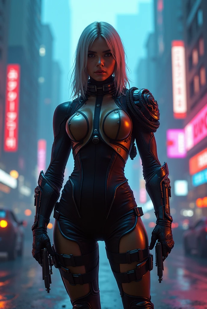 masterpiece,best quality,high resolution,8K,(Portraits:1.5),(R Original Photo),The real situation,Digital Photography,(A fusion of cyberpunk and fantasy),(Policewoman),,Feel free to hairstyle,White hair,Purple Eyes,By Bangs,(red eye breasts, Accessories,shut your mouth,Elegant and charming,Serious and arrogant,Calm and handsome,(Combination of cyberpunk and fantasy style clothing,hollow-carved design,Large Breasts,Photo poses,Realistic style,Gray World Background,oc render reflection texture,futuristic city,Medium distance photography