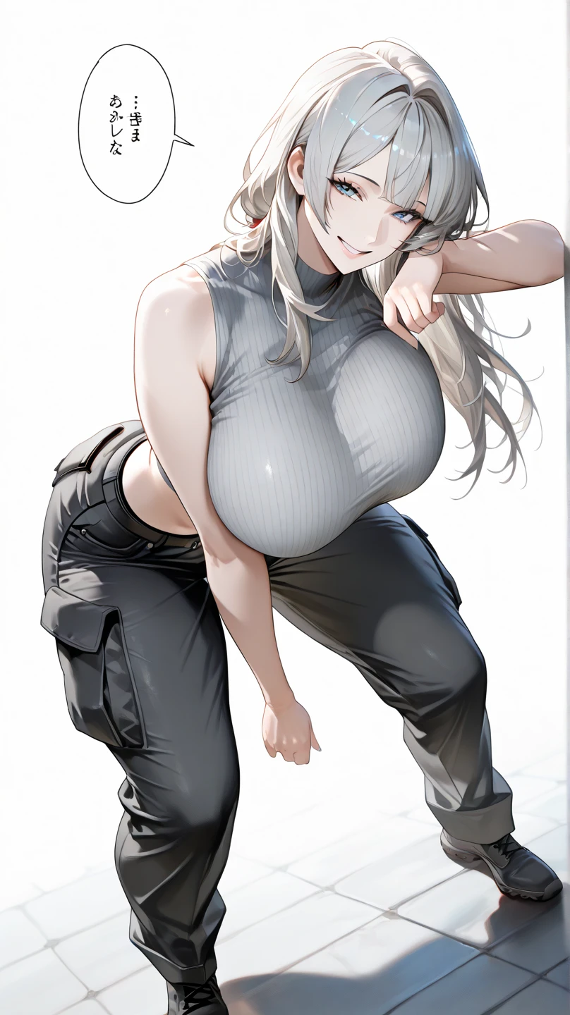 Dairy girl, white hair, good figure, , wearing a tight t-shirt. Her  are very plump.