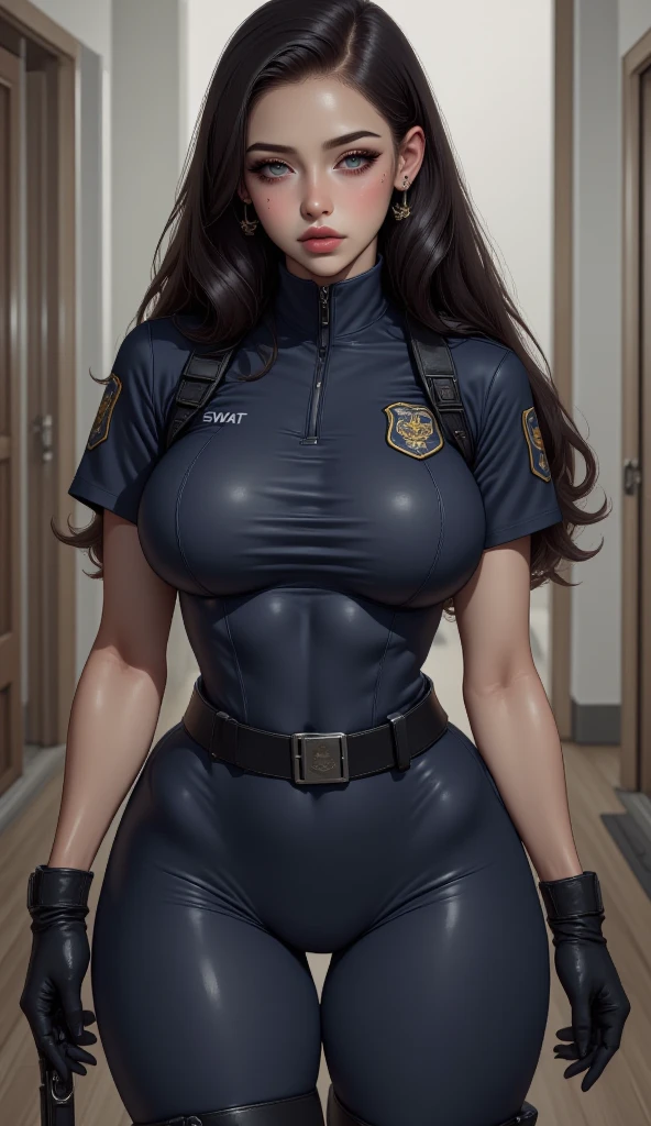 POV: (huge boobs) Riley Reid ((in tight police suit)), slim body, slim thick, curvy silhouette, smiling, 12K HDR, beautiful face, ultra-detailed, masterpiece, ((sexy against the wall pose)), white hair
