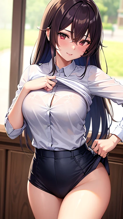 one mature female,(solo),
black hair,long hair,straight hair,parietal,
shiny hair,swept bangs,
black eyes,(beautiful detailed eyes),
((black plastic frame eyewear)),
large breast,glamor,
smile,parted lips,
naked shirt,
((dress shirt)),((open shirt)),oversize shirt,
((open clothes)),(open collar),
no tie,(((no bra))),blush,
royal white panties((gorgeous)),
(bedroom),
((cowboy shot)),standing,
((front light)),natural lighting,
((masterpiece)), (best quality),
(ultra-detailed),(perfect anatomy),
high resolution,detailed line art,
sharp focus,