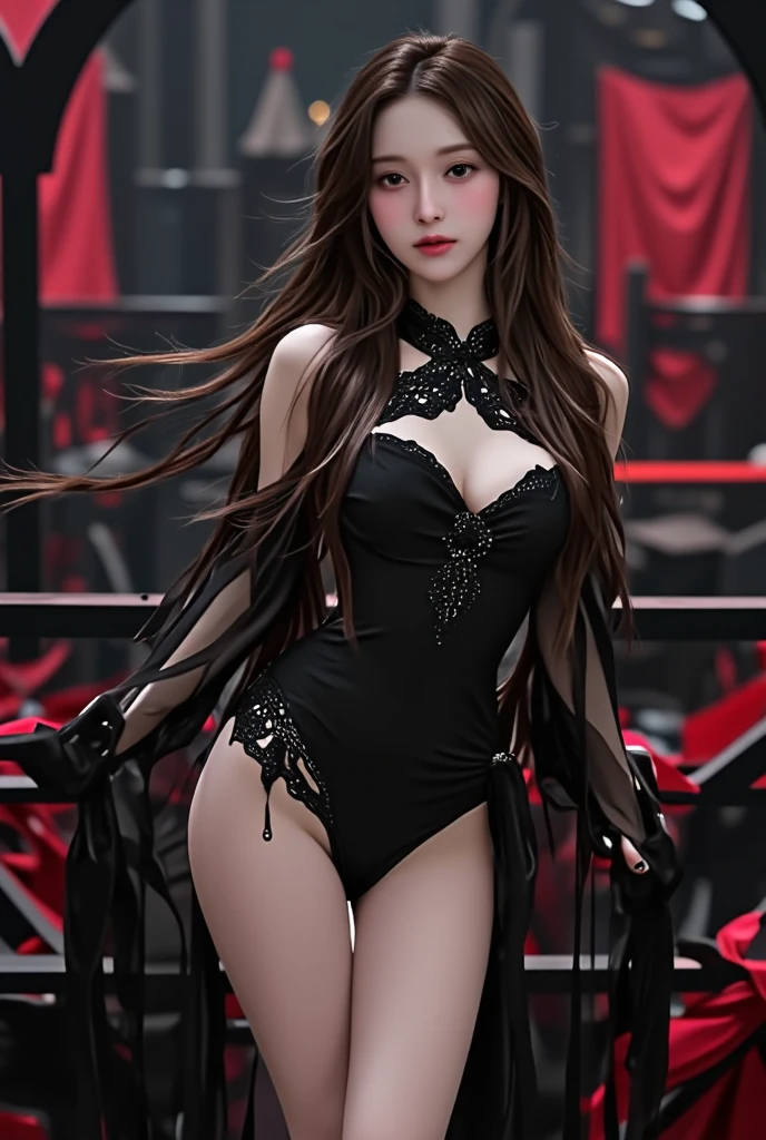 best quality, masterpiece, highres, 1girl, hanfu, white and even teeth, red irises, chinese underwear, hair ornaments, necklace, jewelry, crown jewelry. Pretty face, full body, magic import style, tyndall effect, photo realistic, dark studio, border light, two tone light, (high detail skin: 1.2), 8k uhd, dslr , soft light, high quality, volumetric light, candid, Photo , high resolution, 4k, 8k, Bokeh, (light pink lips), 1 beautiful demon from hell, In the Dark: 1.6 ), surreal full-body women by David Hockney and Alphonse Mucha, fantasy art, photorealism, dynamic lighting, station art, posters, volumetric lighting, highly detailed faces, super 8k, Awarded, in the dark, dark, low light, cowboy lens, (red phoenix shirt: 1.4), long hair, black hair, bust, palace luxury, royal style family, devil's crown, red eyes with very sharp and detailed makeup, Best face, Very round and firm breasts, Surreal, chinese women's clothes, charming smile, Nice eye makeup, guweiz, devil style, mesh stockings with laces on black lace stockings, wearing a dark red deep-cut turtleneck top, ponytail with bow at the back, dark red lips, Devil tattoo on shoulders, overcast and thunderous landscape, (full body), Close-up of main character, (Background detail 1.8), lace tights at the waist, moderately large butt,