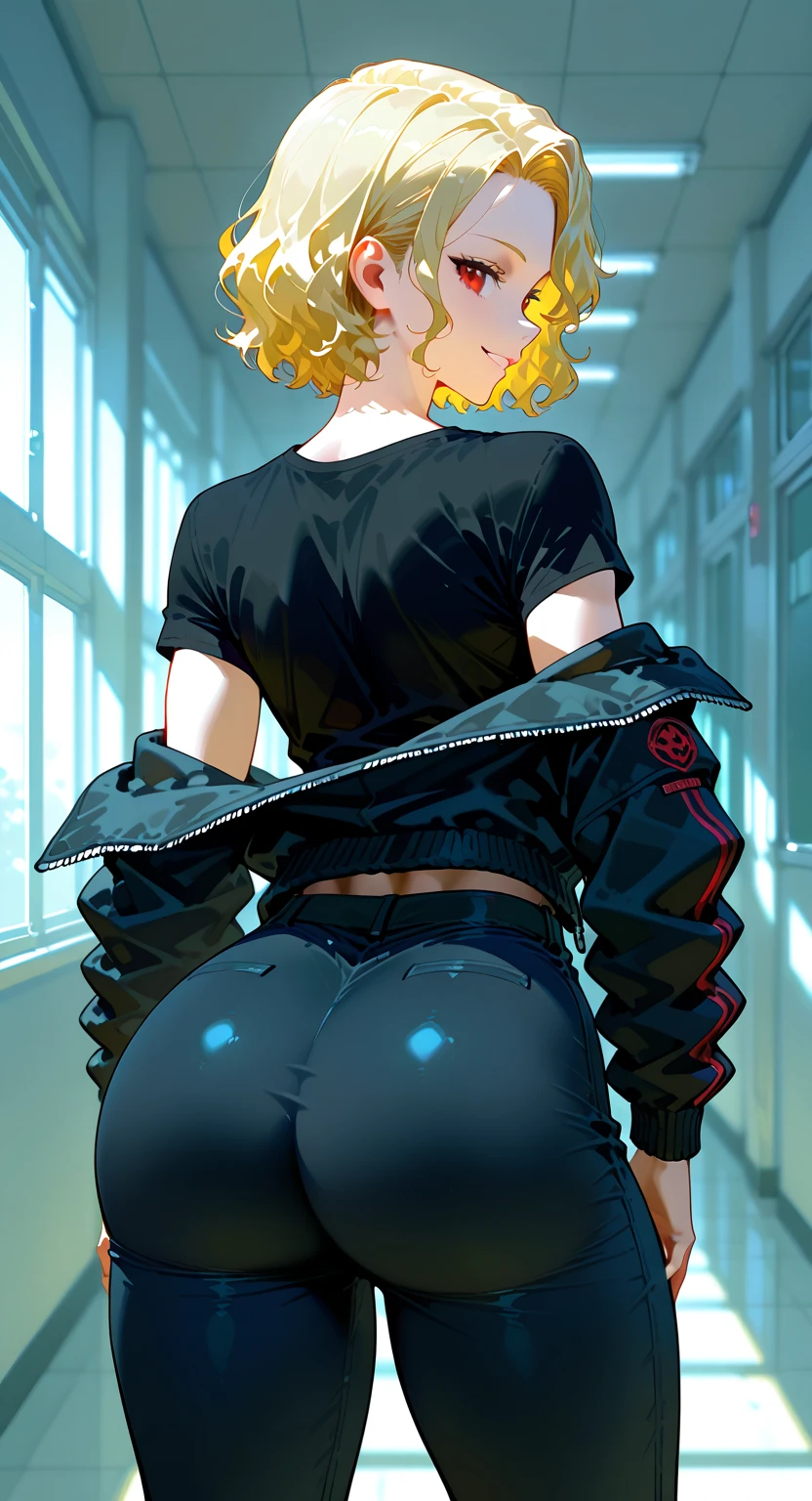 、(masterpiece、Highest quality)、Highest quality, Ultra-high resolution, (((masterpiece))), alone, Sweat、Big eyes,Tight black shirt、Tight white pants、belt、indoor、Composition from the front、（Cut the back hair short、short hair、blonde、woman）、Shortcuts、Embarrassed face、Cut your hair short、可愛いwomanの子、Big Breasts、office