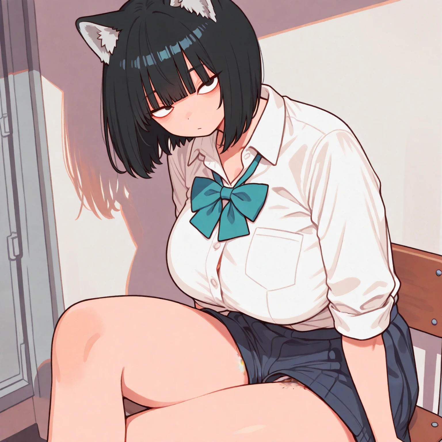 Short black hair Adult female Dog Ears Dark blue colored eyes Flat chest Full naked She is squatting and spreading her legs wide open for us to see. School classroom smile NSFW