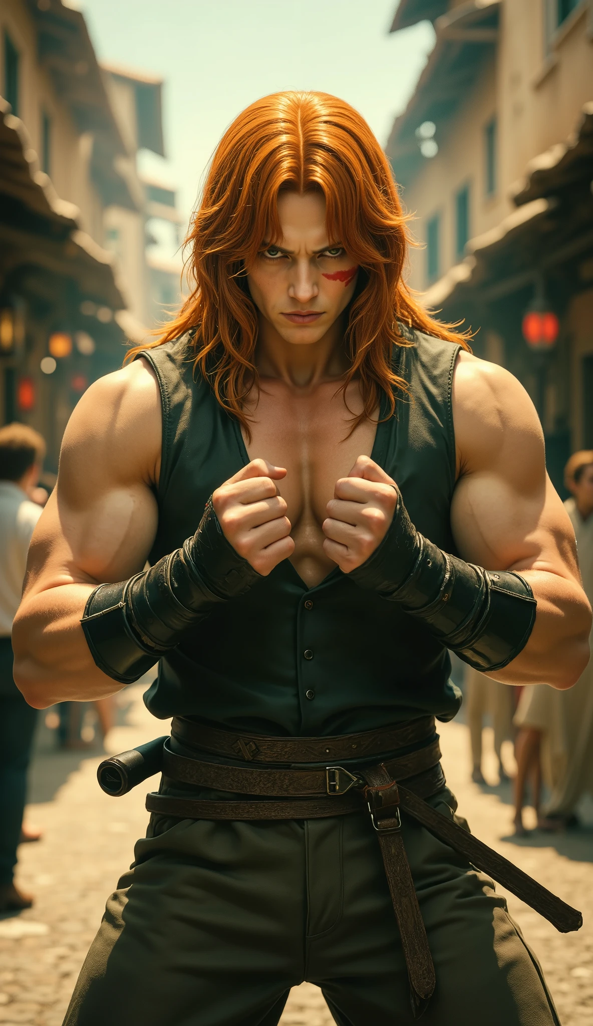 A young man, long orange-green hair, with the lengthy hair bangs covering most of his face, revealing a fierce gaze, a red stripe on the side of his face, a loose and simple sleeveless dark vest, exposing his sturdy muscles, wearing fabric wrist guards, coarse cloth trousers matching the outfit, he clenches his fists in front of his chest, assuming a combat-ready stance, the backdrop features a bustling market in a medieval fantasy-style setting, this character embodies a finely crafted fantasy-style street thug in anime style, characterized by an exquisite and mature manga illustration art style, high definition, best quality, highres, ultra-detailed, ultra-fine painting, extremely delicate, professional, anatomically correct, symmetrical face, extremely detailed eyes and face, high quality eyes, creativity, RAW photo, UHD, 8k, Natural light, cinematic lighting, masterpiece:1.5