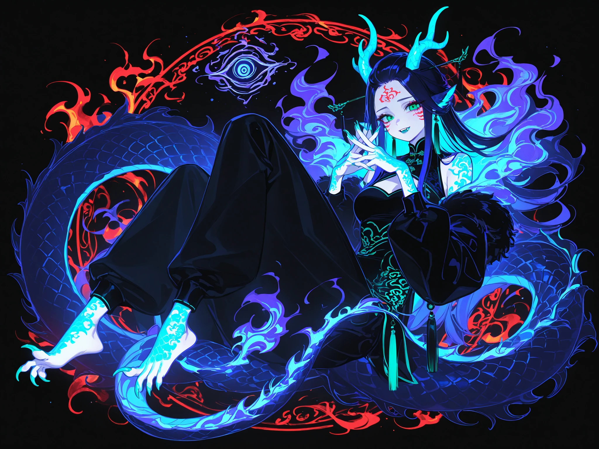 Girl is Azure dragon Lúng,she is hybrid of Eastern dragon. She has a sporty feminine bodybuilding. She has a pale skin covered with navy blue and azure scales with Nazar pattern. She has red fire stripes tattoos on her face , and all over her body. Her lips navi blue, she has a gold sharp fangs. She has jet-black straight middle hair with indigo blue highlights, her bangs are pinned up and pulled back. She has green jade eyes with narrow beast pupil. she has 4 curved branched dragon horns are located on the forehead. She has long pointy blue fluffy dragon ears. She has a immensely long mighty scaly dragon tail with black mane along the spine and black fluffy tassel on tip of her tail. She has long golden crescent-shaped claws on her hands fingers and feet toes. She's wearing a red Chinese qipao. She she's barefoot. On the background: the garden of the Chinese temple high in the mountains.
