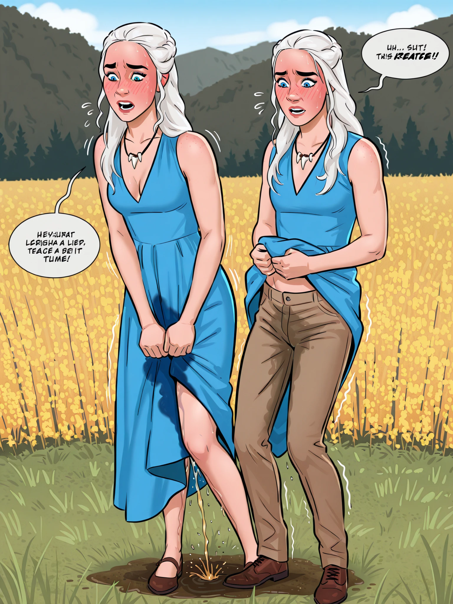 2d, modern comic panel style, adult illustration, handdrawn, speech bubble, DAENERYS, solo, white hair, long hair, blue eyes, plain blue sleeveless parted dress, round neckline, dragon tooth necklace, brown pants, tall, slender, desperation, peeing, wetting self, wet stain around her crotch, blushing, trembling, embarrassed, standing, lifting her dress, field, birdseye view, closeups