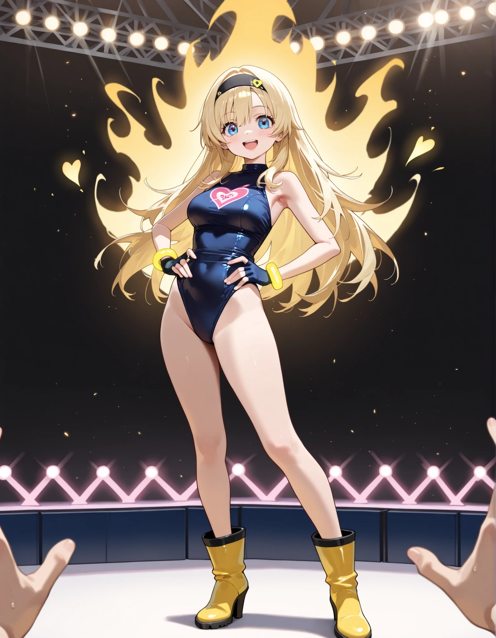 masterpiece, best quality, 1girl, ((bangs, blonde hair, armpit-length hair)), ((black headband)), blue eyes, beautiful detailed eyes, beautiful detailed face, cute face, perfect hands, complete fingers, perfect anatomy, perfect proportions, ((leotard, gymnastics leotard, dark blue leotard)), ((boots, yellow boots, yellow footwear, high heels)), breasts, medium breasts, covered navel, ((blue fingerless gloves, yellow bracelets)), (full body portrait), hand on hip, hands on hips, ((pink heart logo on chest)), (stage lights), looking at viewer, smile, :d, solo, solo focus, standing, body infused with yellow aura, cowboy shot