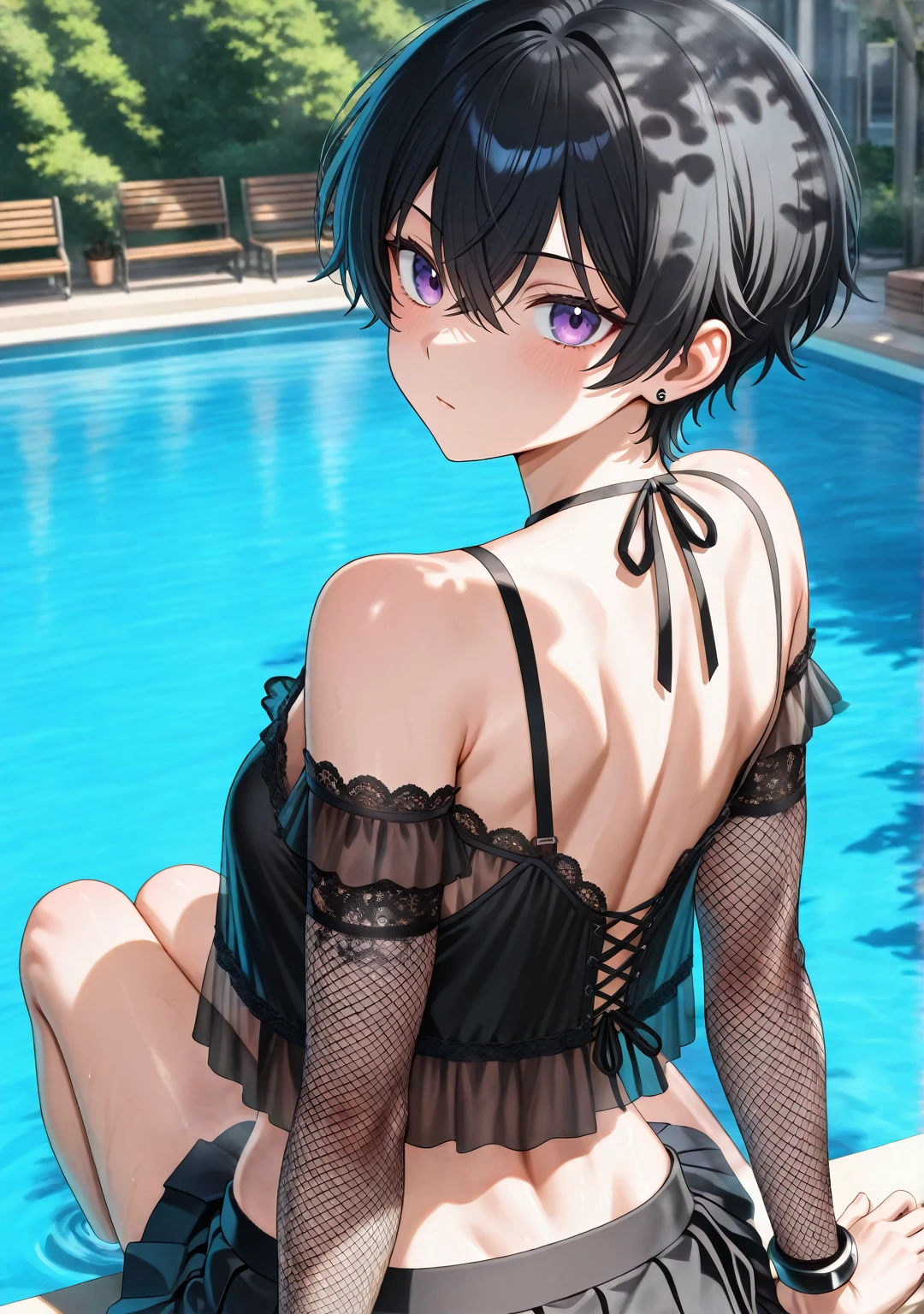(Incredibly ridiculous absolute resolution:1.5)、hiquality、top-quality、masuter piece、Anime girl in pink and white bikini, 魅惑的、Anime Loli, 8k Manga Wallpapers, Smile、Shy laughter、((small curvy loli))、 pretty anime girl,((swimming pools))、(Medium Shorthair)、(short braided hair)