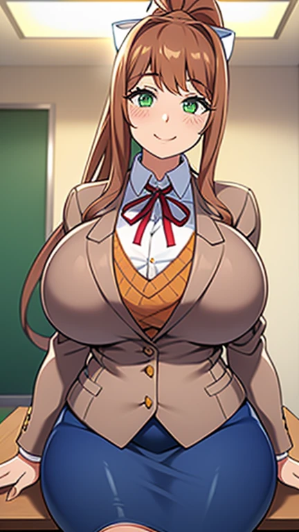 (masterpiece, best quality:1.2), cowboy shot, solo, 1girl, nana iida, smile, closed mouth, looking at viewer, uniform, vest, necktie, blue skirt,gigantic breasts,tight skirt