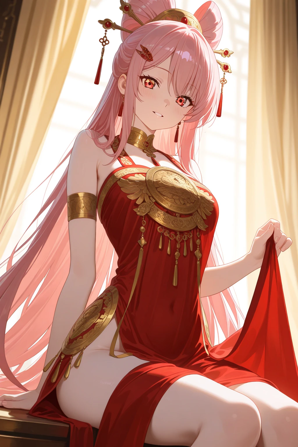 ((Highest quality)), ((masterpiece)), (detailed), (Perfect Face)、The woman with the appearance and hairstyle of an ancient Chinese empress is Lacus Clyne, with blue eyes, medium-long pink hair, wearing a gorgeous red ancient Chinese empress outfit with gold embroidery and trim, a gorgeous empress headdress, her hair is tied up like an ancient Chinese empress, and she is wearing gorgeous accessories.
