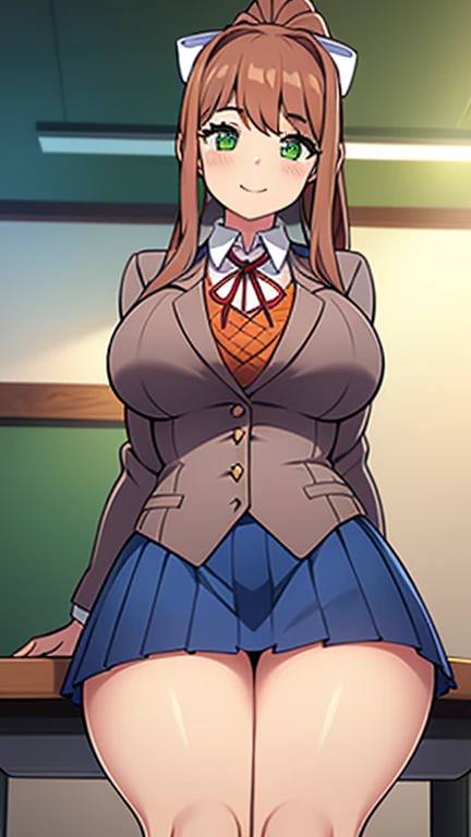 Masterpiece, high quality, best quality, beautiful, HD, perfect lighting, detailed face, detailed body, ultra cute face, dynaimc angle, cowboy shot 1.5, ((1girl)), ((solo)), cute pose, (Monika),
brown hair, green eyes, very long hair, ponytail, (white bow), blazer, brown sweater, collared shirt, neck ribbon, blue skirt, school classroom, looking at viewer, ((blush)), medium breasts, perky breasts, wide hips, ((thick thighs)),
sweet smile, affectionate, classroom,