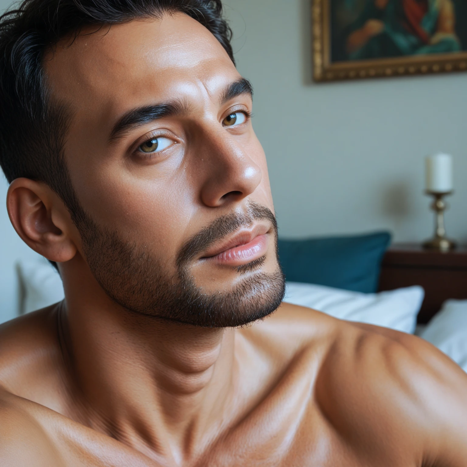 Un jeune homme musclé, avec des veines qui ressortent. Il à un visage carré, d'origine iranien- Il est en sous-vêtement, couché sur un grand lit de luxe. Il a des cheveux rasés courts et foncés. Ses yeux sont verts clairs et il fixe directement l'objectif de manière sexy.