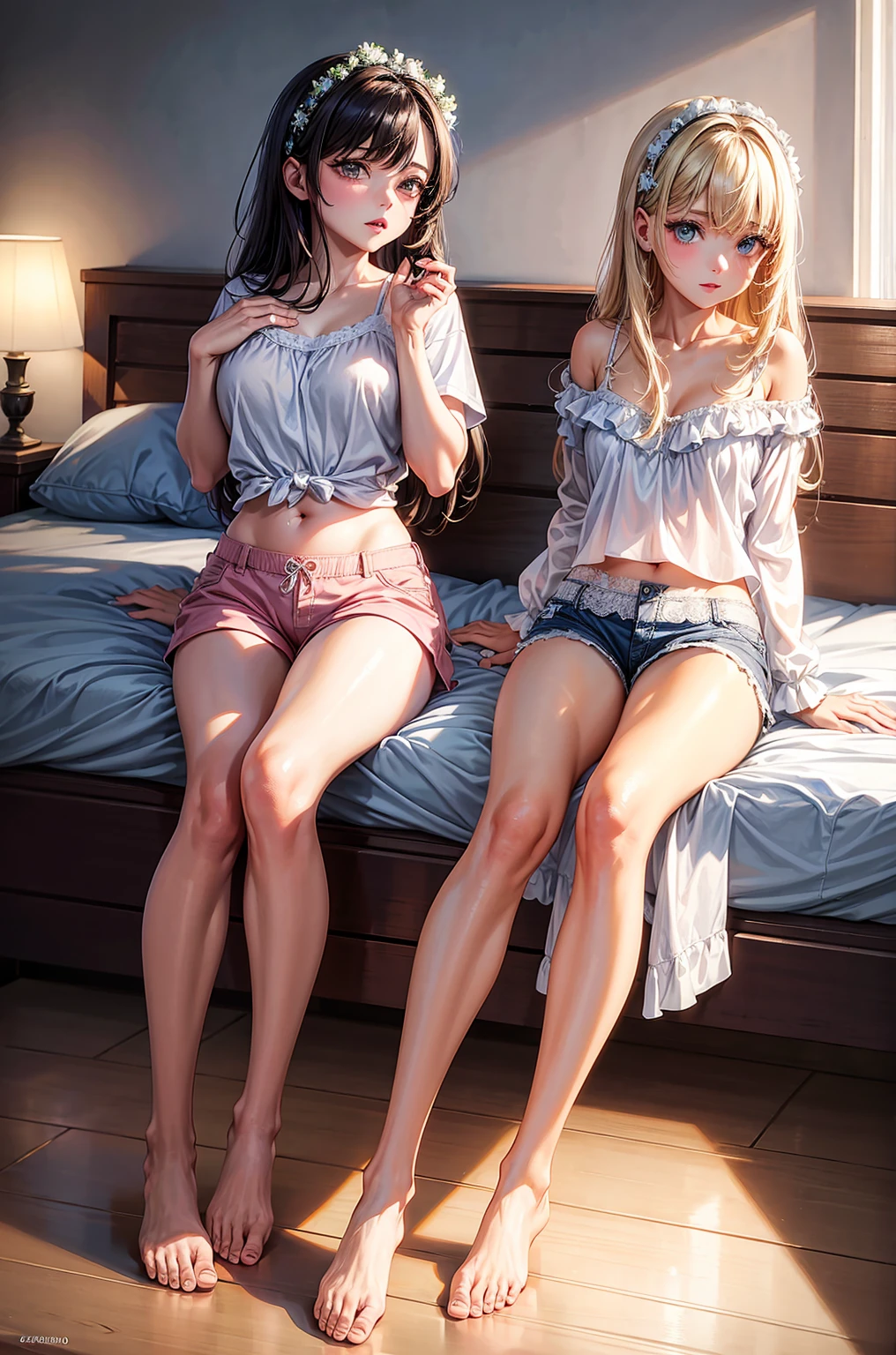 An irresistible work of art to the male eye,two beautiful women wearing light white small size shorts, medium butt,breasts big,wet by rain,a beautiful bed... a captivating smile..