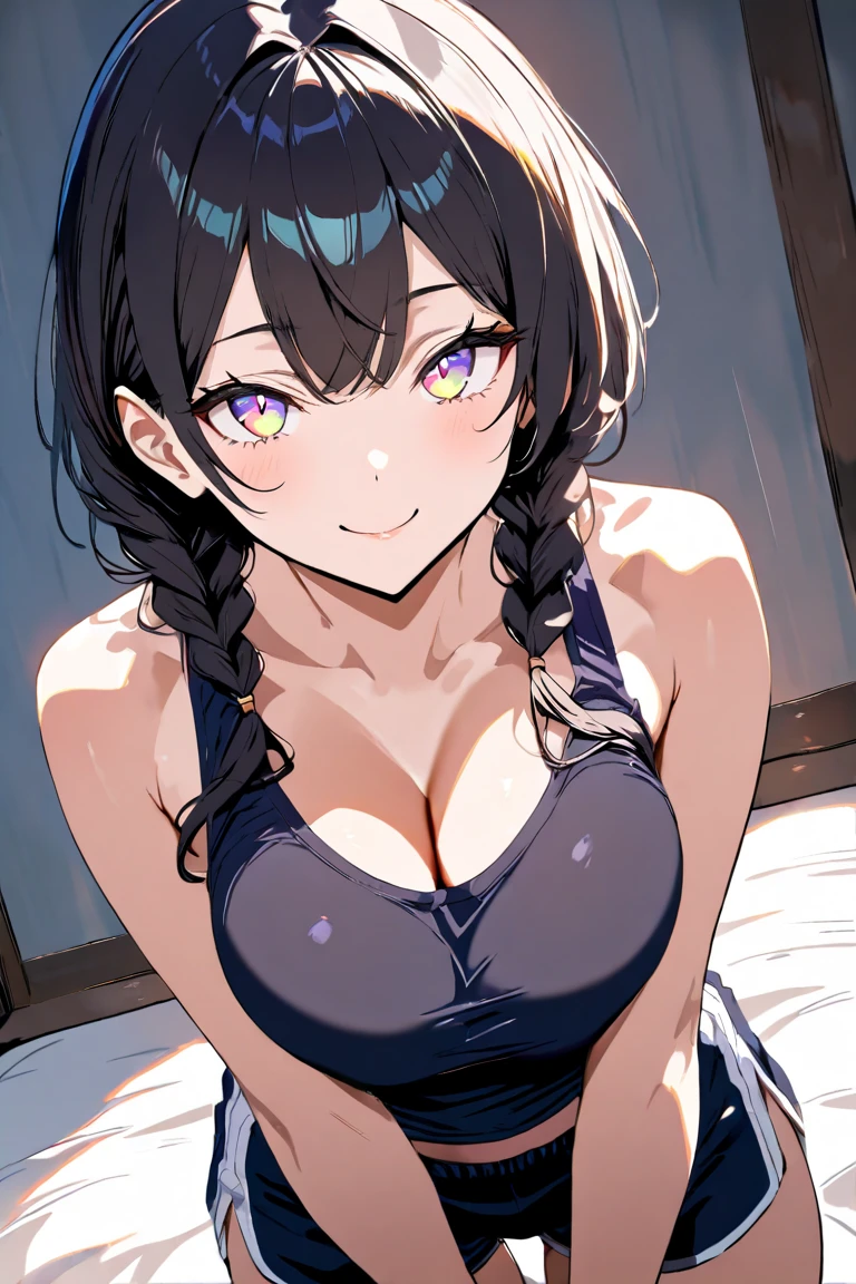 10Teenager Black Hair Girl、Pink camisole、Light frilly mini skirt、high resolution、Beautiful face in every detail、Looking from above、Inside the room、Beautiful cleavage、