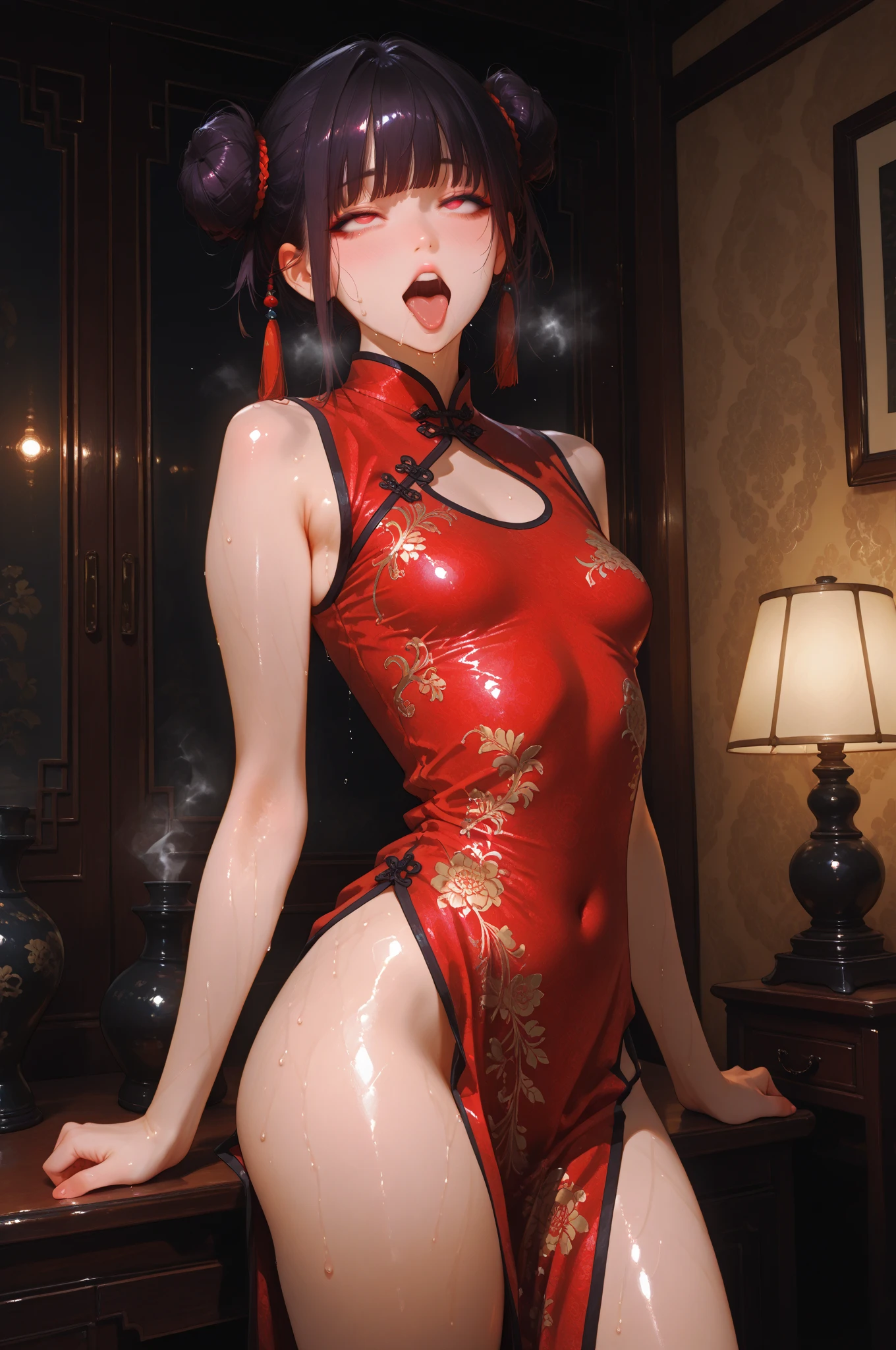 1girl, katara, solo, long hair, messy hair, (((completely nude))), (((Tiny micro highlegs bikini Insert in the pussy lips Santa Claus sexy Costume insert in the pussy lips))), no bra, looking at viewer, blue background, shiny black hair, two side up, pink turtleneck, detailed face, shiny blue eyes, ((happy smile)), sexy lips, luring smile, slightly sexually aroused, voyeurism, red ribbon, hair ribbon, bangs, upper body, parted bangs, blakc ribbon, twintails, nose, legs, ((detailed pussy lips)), ((chritsmas nsfw fantasy)), seductive pose, (many pink christmas colored balloons around), (white snow in the air), 16k.