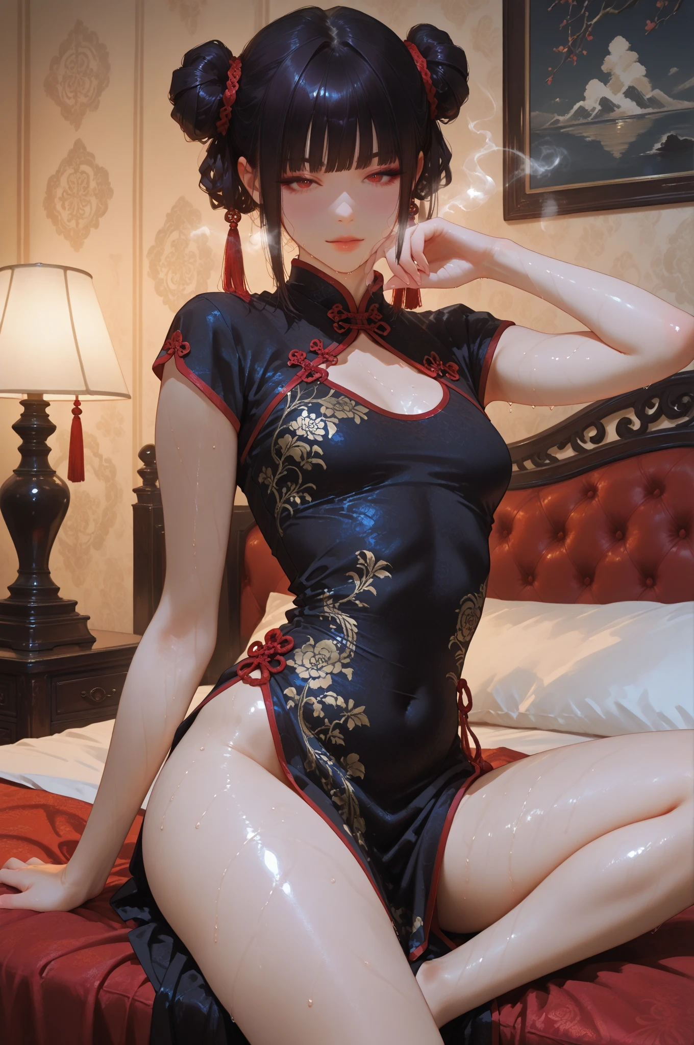 Chinese dress ,((( Very short dress))), thick thighs, fake breasts, Erect nipples over dress, heat, malicious eyes, Long legs, seductive body, sexy breasts,strapless,