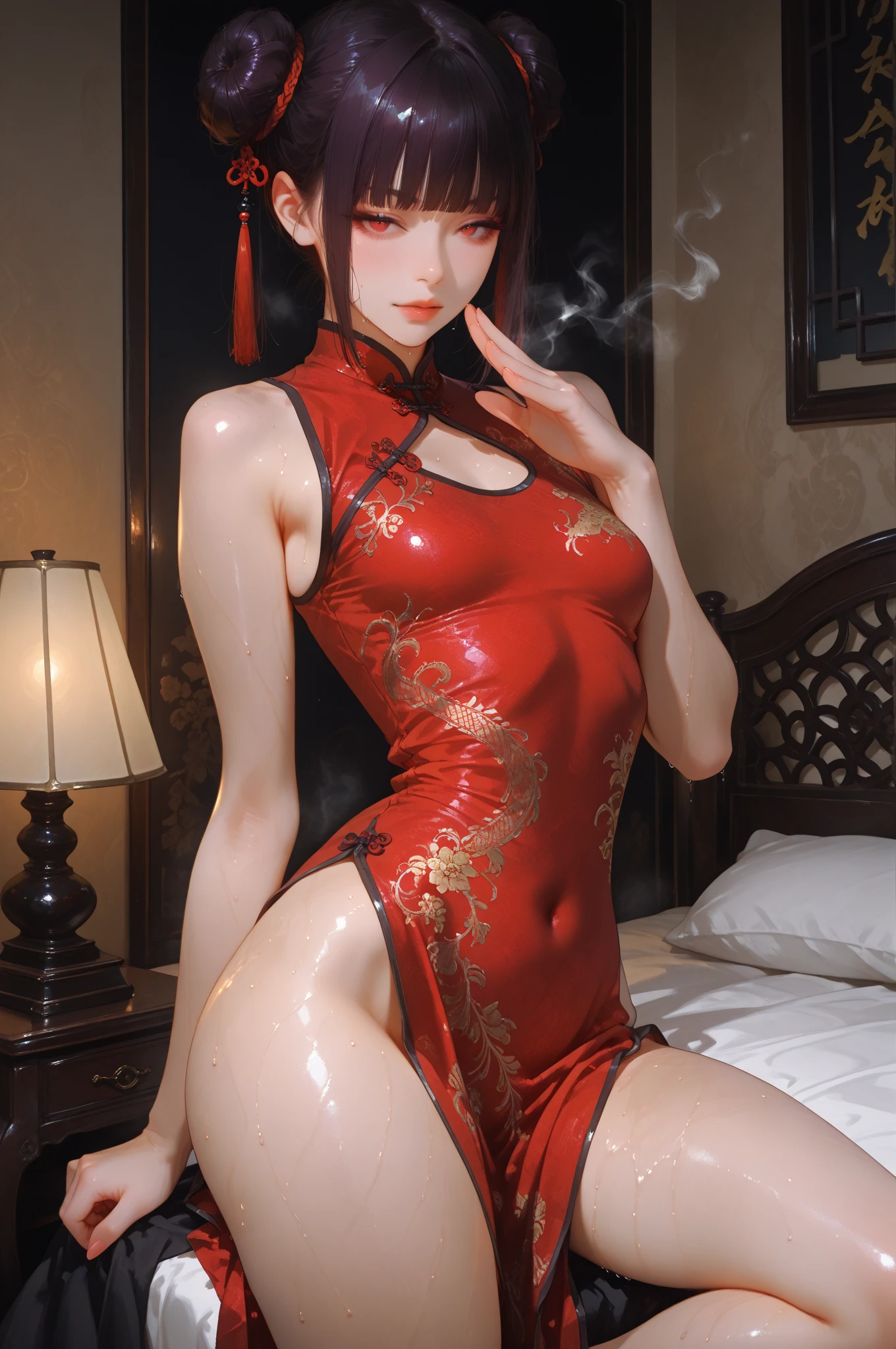 ancient China A beautiful young princess with a royal hairstyle from the dynasty Wearing a super shiny red raincoat and long sleeves Chinese clothing I was lying on my futon, drenched in sweat. With her legs wide open, feces and urine leak from her shiny red pants Hard stools due to constipation