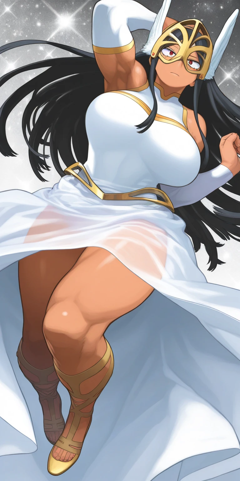 masterpiece, high quality, best quality, 1girl, (muscular:1), muscles, abs, biceps, thighs, obliques, abs lines, naval, fit, (super gigantic breasts:1.0), buffed, (closed mouth, half smile), sylvia, multicolored hair, black hair, read hair, purple eyes, blue eyes, dark skin, necklace, red dress, white elbow gloves, thighhighs, pantyhose, bare shoulders, cleavage, anime screencap, anime key visual, full body <lora:Sylvia:1>