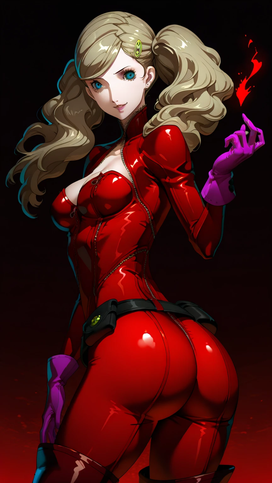 full body standing good face, nice ass, red spiky hair, beautiful woman, wide hips, cleavage, jumpsuit, leotard, heavy boots, apocalypse, muscular, thighs, mature woman, abs, looks at the viewer, lustful smirking smile face red blush