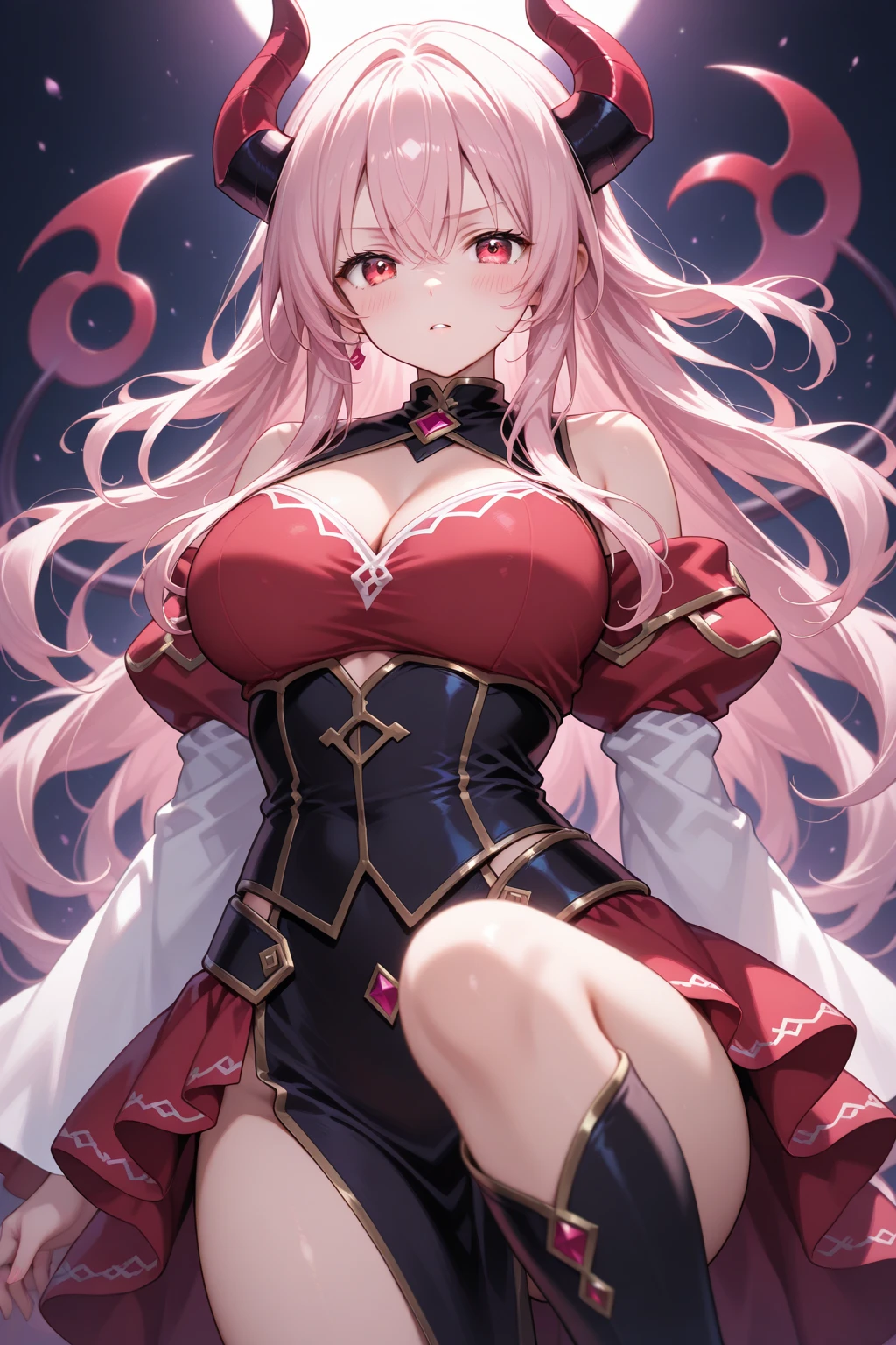 female, silver messy long hair, red eyes, tanned skin, (((1girl))), (((black sleeveless regal dress with pink trim))), (black opera gloves), (pink stockings), (black thigh high heeled boots with red laces), (gold ornate crown), cute and sexy, full body, big breasts, long legs, smiling, cleavage