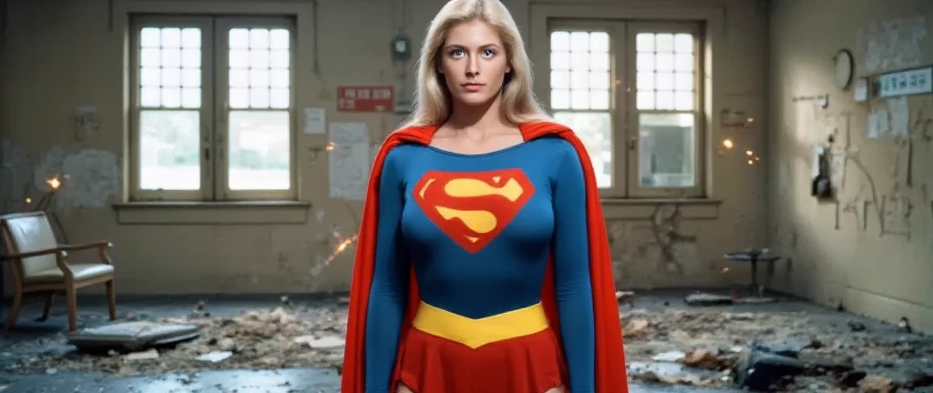 ancient cave; sexy Jean Smart 2024( big fat woman; powerful; trusting; higher) 2007 (((Woman defined body with big breasts, strong and firm; Supergirl 1984s costume dress))) as Supergirl(((Jean Smart's 1984 Supergirl Movie))); floating in mid - air.
