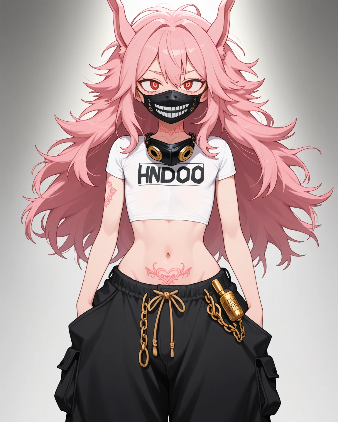 horikoshi kouhei, 1boy, absurdres, sweater,   with abs, blonde hair, pink highlights in blonde hair, freckles on face, freckles on entire body, pink eyes, blurry, blurry background, boku no hero academia, chama kou, highres, looking away, male focus, muscular  male, muscular male, open mouth, red eyes, long hair, cruly hair, sweat, sweater crop top, jeans, wolf tail, wolf ears, wolf claws, wolf fangs, twitter username, peace sign pose, 

