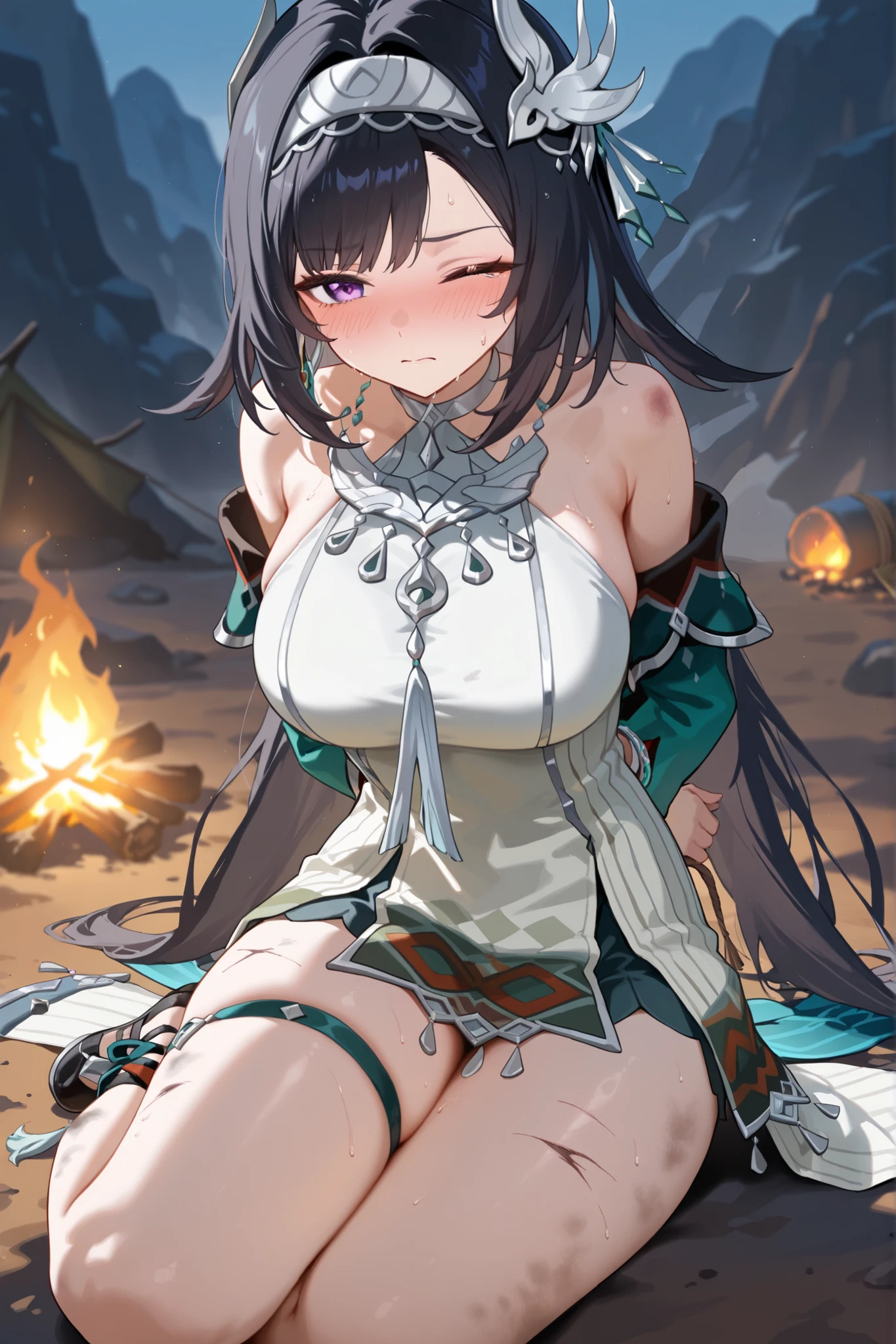 masterpiece, best quality, amazing quality, absurdres, highres, newest, high resolution, intricate details, ultra detailed, perfect details, very aesthetic, perfect hands, 1girl, lan yan \(genshin impact\), 1girl, long hair, purple eyes, solo, thigh strap, large breasts, dress, sleeveless, bracelet, jewelry, hair ornament, sweat, Ultra Detail, Thighs together, brown rope, ((hands tied behind back)), (yokozuwari), tied legs, ((straight-on)), ((thief's camp)), bonfire, midnight, disdain, ((shy)), (wince), scowl, worried, (blush), ((disdain)), white breast, injured, ((wounded)), dirty, rocky background, detached sleeves, rocky mountain,