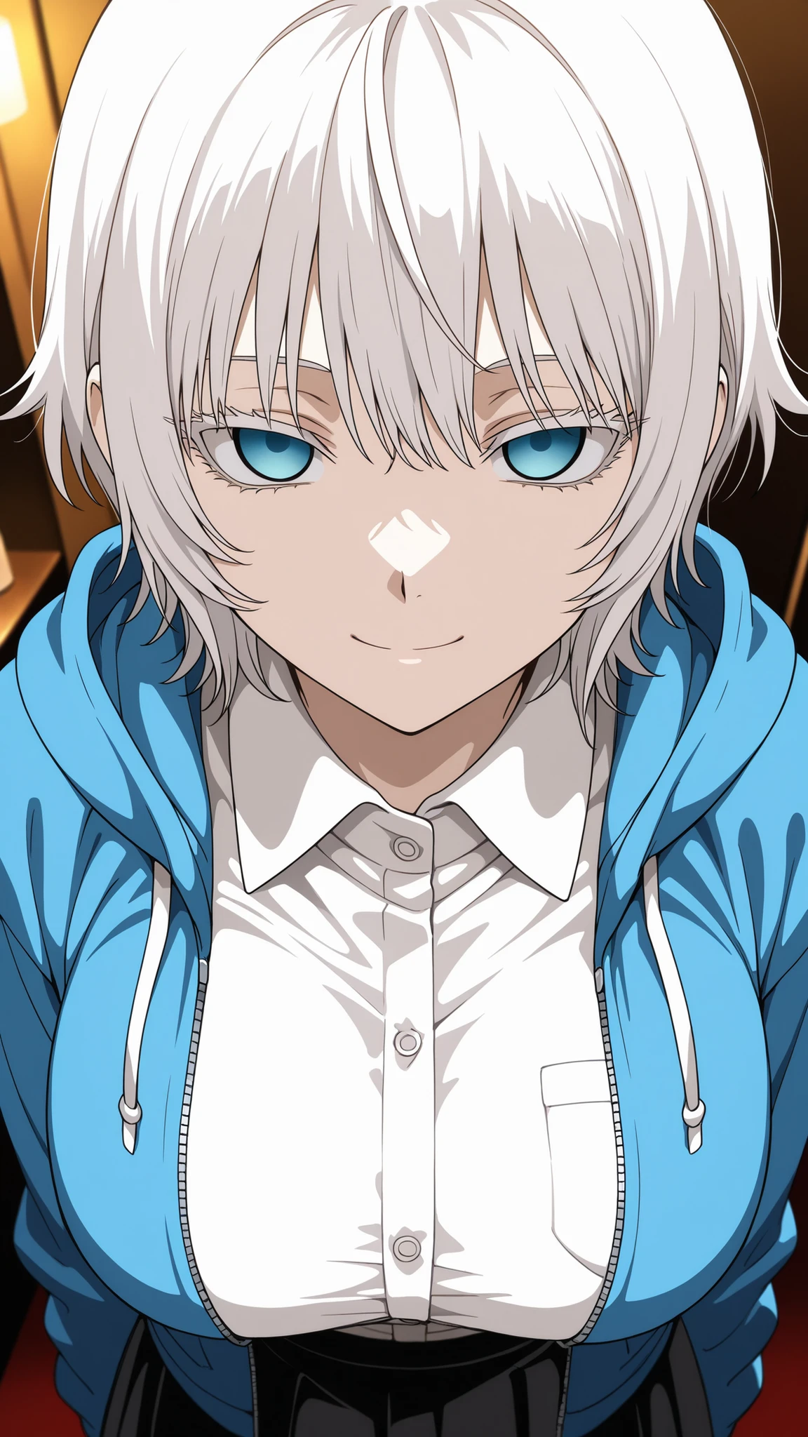mozu,jormungand
High quality , best quality , masterpiece, High Resolution ,anatomically correct,),anime coloring,
solo, 1 girl, adult
White hair, short hair, wolf cut, choppy bangs ,blue eyes, empty eyes, large breasts, White collar shirt, black skirt, blue hoodie jacket
close up , looking at viewer ,upper body,from above
hotel
, Expressionless,smile