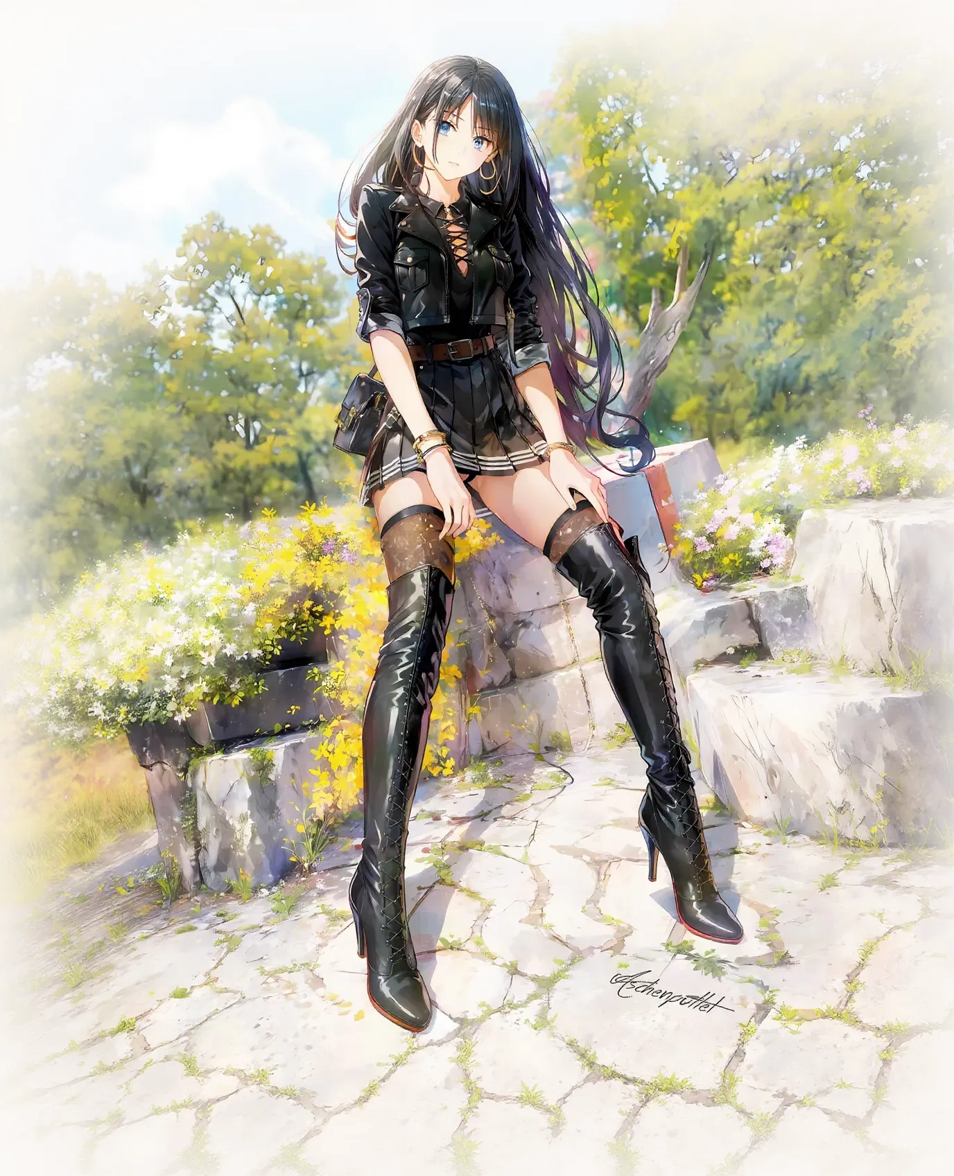 (best quality)), ((masterpiece)), (detailed),, , hot young chick girl, black lava outfit, stocking, beautyful face, ((stocking)), high heels, (( long length hair)), ((detailed eyes)), lightning in the background, (dark forest in the background, ((lace thigh fix), garter belts (((the clothes melt off her))), provocative positon, black corset, high heels boots, , , perfect detailed , (detailed eyes), sit on a chair, spreds legs up, ((high heels)), hot long legs, (full body)