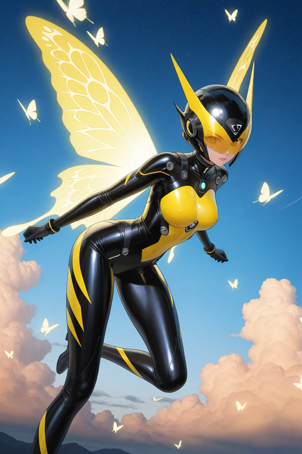 ((Masterpiece, best quality, photography, detailed skin, 8k, highly detailed, full body, High detail RAW color art, diffused soft lighting, shallow depth of field, sharp focus, hyperrealism, cinematic lighting, ((Female anthro bee:0.8)), Feminine insect creature, Four insectoid arms, wings Similar to a bee, Yellow and black color design, a remarkable Bee Body, Shiny Plug Suit, Bee wings, Cute Girl Face, a female, beautifully makeup, eyeshadow, beautiful big eyes, brown eyes, long eye lashes, monstrous insect, chitin skin, large almond shaped eyes, humanoid body style, sagging large breast, saggy body, large bee abdomen, silky thorax, tarsus legs, an evil gaze that seduces, standing, touching foot, on side, beehive, back view