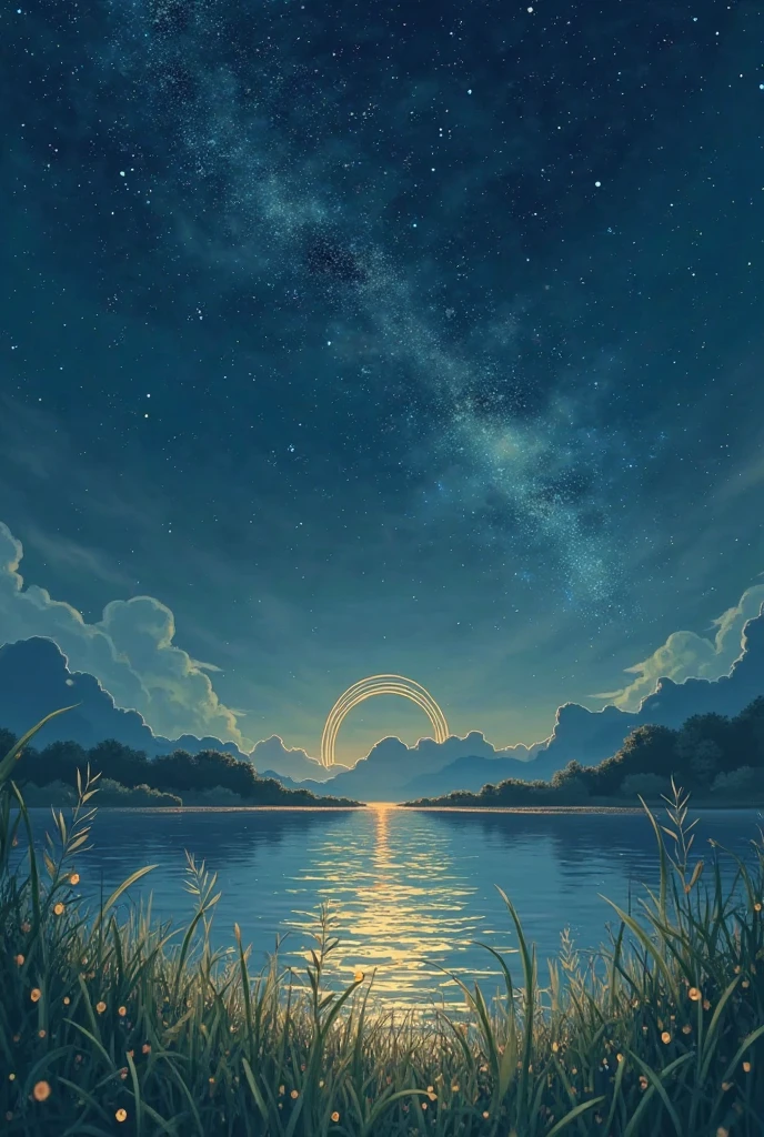Ghibli lens, and the sound wave pattern between leaves of grass is depicted as golden ripples,"Ha"can be thought of as a floating light symbol,The background blurred into a velvet blue fog,16:9 widescreen accommodating the Galaxy Arch Bridge。Night,starrysky,meteors,