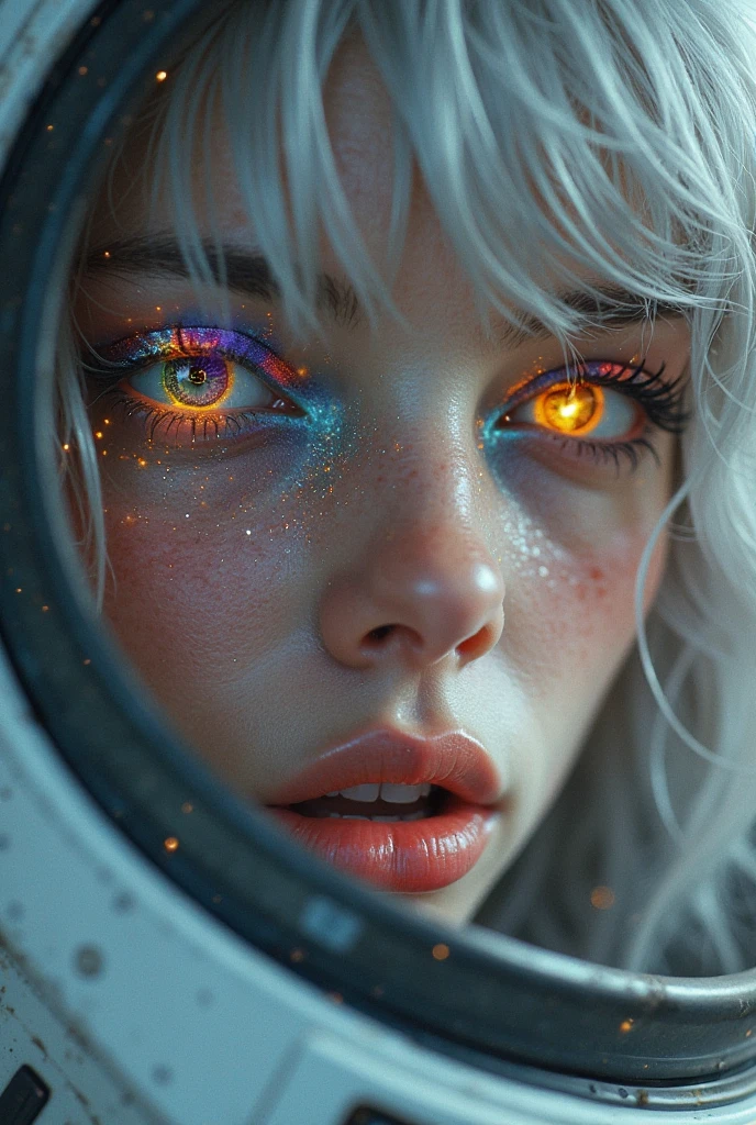 (Close-up of a masterpiece:1.5)0.9]，(Space and astronauts:1.2) (Messy silver hair:1.1) (Heterochromatic eyes, yellow, blue eyes:1.2) (Casque spatial:1.0) (Colorful stars in the eyes:1.0) (Dazzling light:1.1) (Thick lip:0.9)