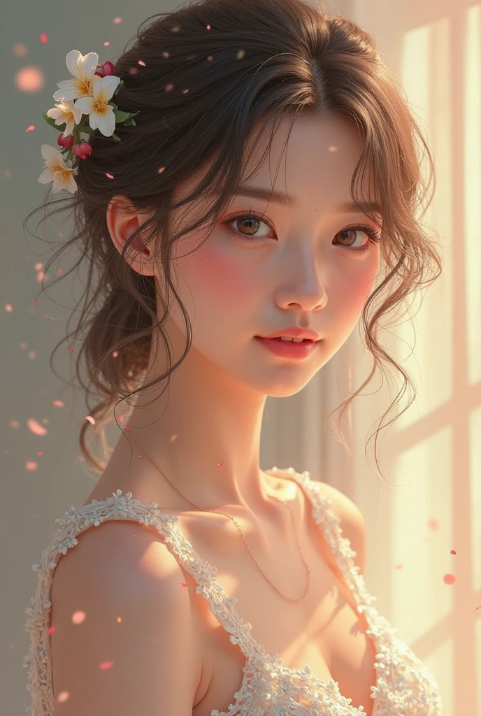 Beautiful and moving girl,Fresh and lovely expression,Soft and charming smile,Delicate and charming face,Elegant and moving attitude,4k高清,Professional painting texture,Fine details,Fresh and natural environment,Warm and soft light,Fresh and natural tones,Vivid and delicate digital painting,Dreamy and beautiful art style