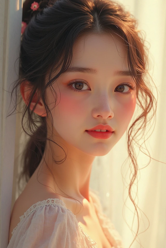 Beautiful and moving girl,Fresh and lovely expression,Soft and charming smile,Delicate and charming face,Elegant and moving attitude,4k高清,Professional painting texture,Fine details,Fresh and natural environment,Warm and soft light,Fresh and natural tones,Vivid and delicate digital painting,Dreamy and beautiful art style