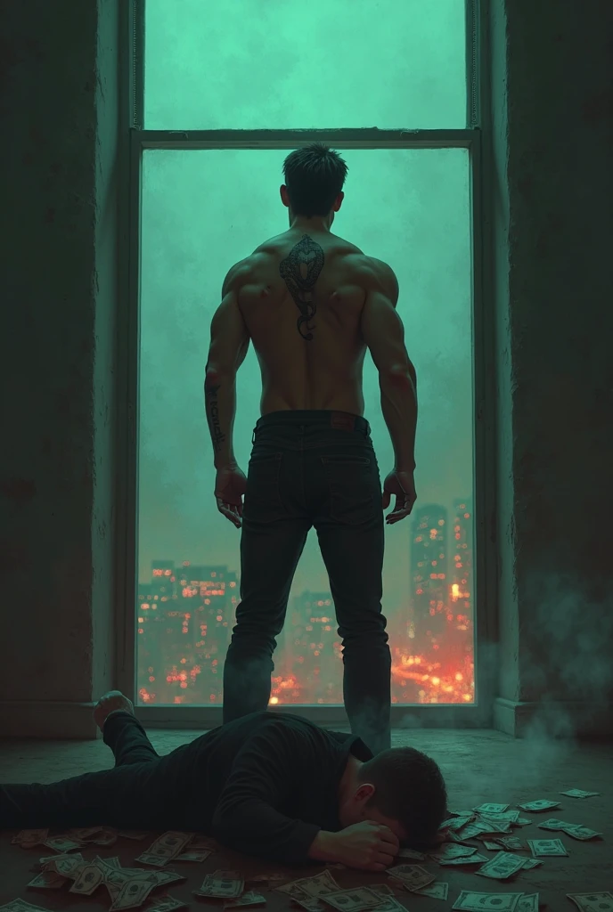 The man turned his back to him,Naked back,There are red Chinese characters on the back, bleeding,The background is a big city,night