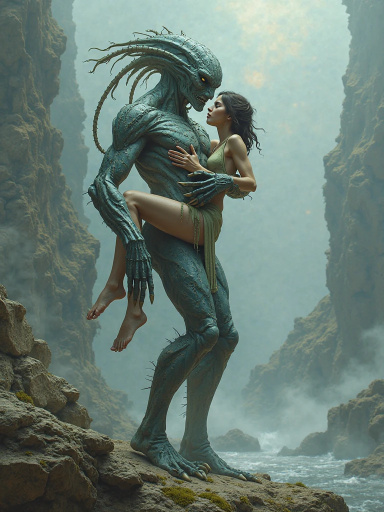 (duo), male anthro badass insectoid scorpion and female human, female penetrated, vaginal sex, detailed beautiful eyes, romantic, detailed hands, missionary position, greek ritual, best art, masterpiece, quality, muscular male, by taran fiddler, by pino daeni, side view