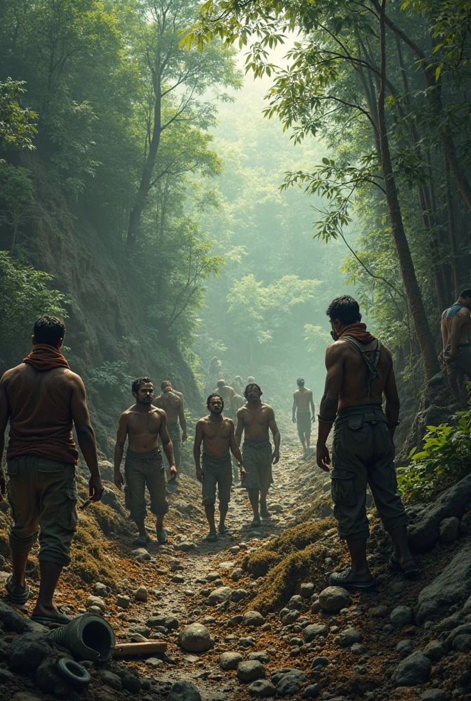 Two handsome men, one is skinny and white, and the other is well-built, gathering firewood in the jungle with an ax in their hands, while 2 ugly and large men with beards watch them.