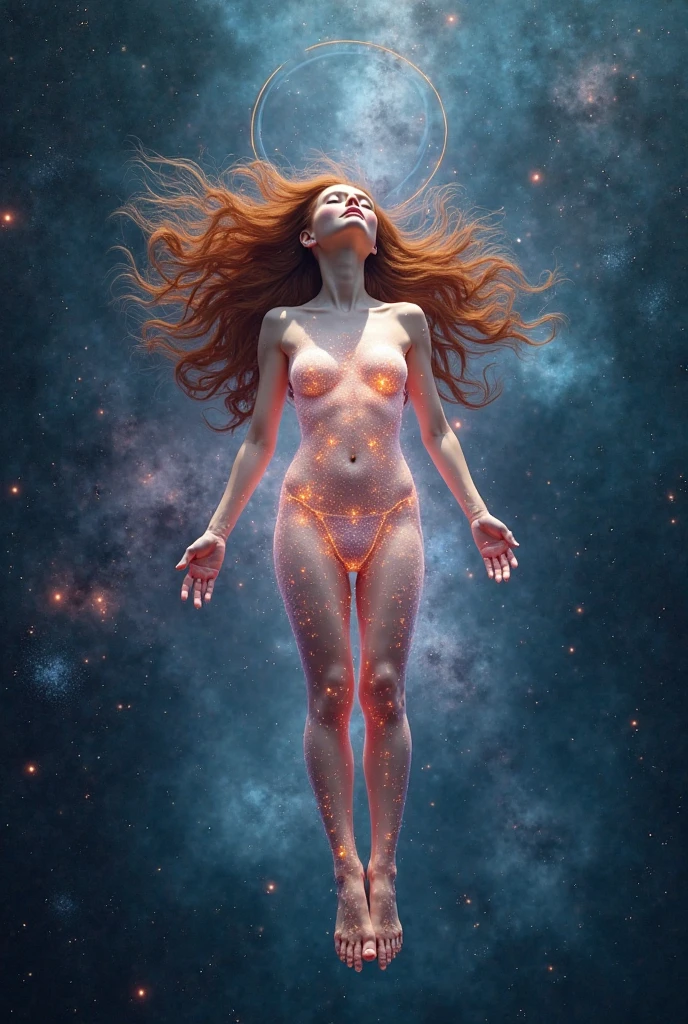 (completamente desnuda), (full shot),(small breasts), woman, a naked female orbits the earth in zero gravity